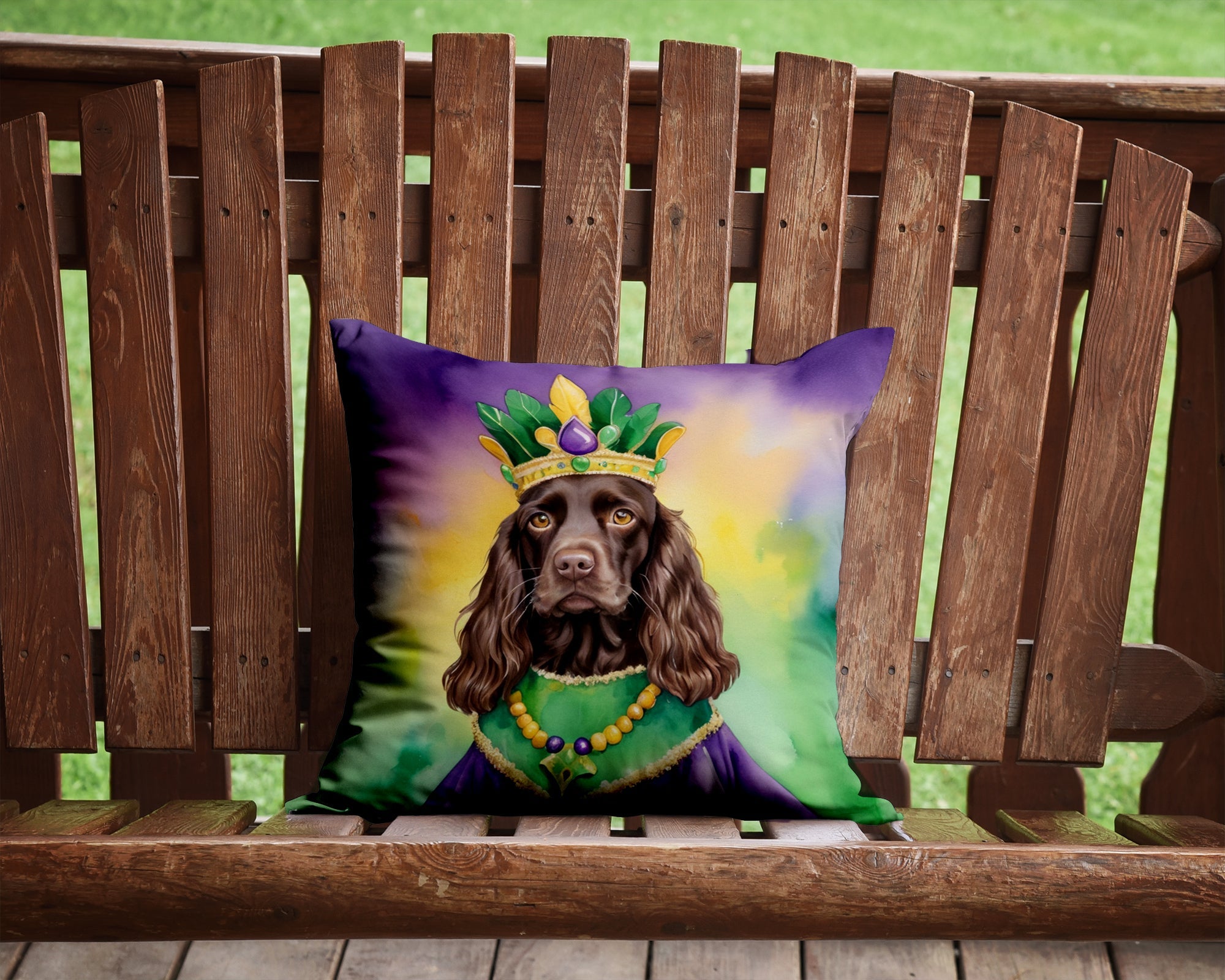 Boykin Spaniel King of Mardi Gras Decorative Throw Pillow 14x14 Indoor Outdoor Accent Cushion, Fabric Cover with Insert for Sofa, Bed, Porch & Living Room