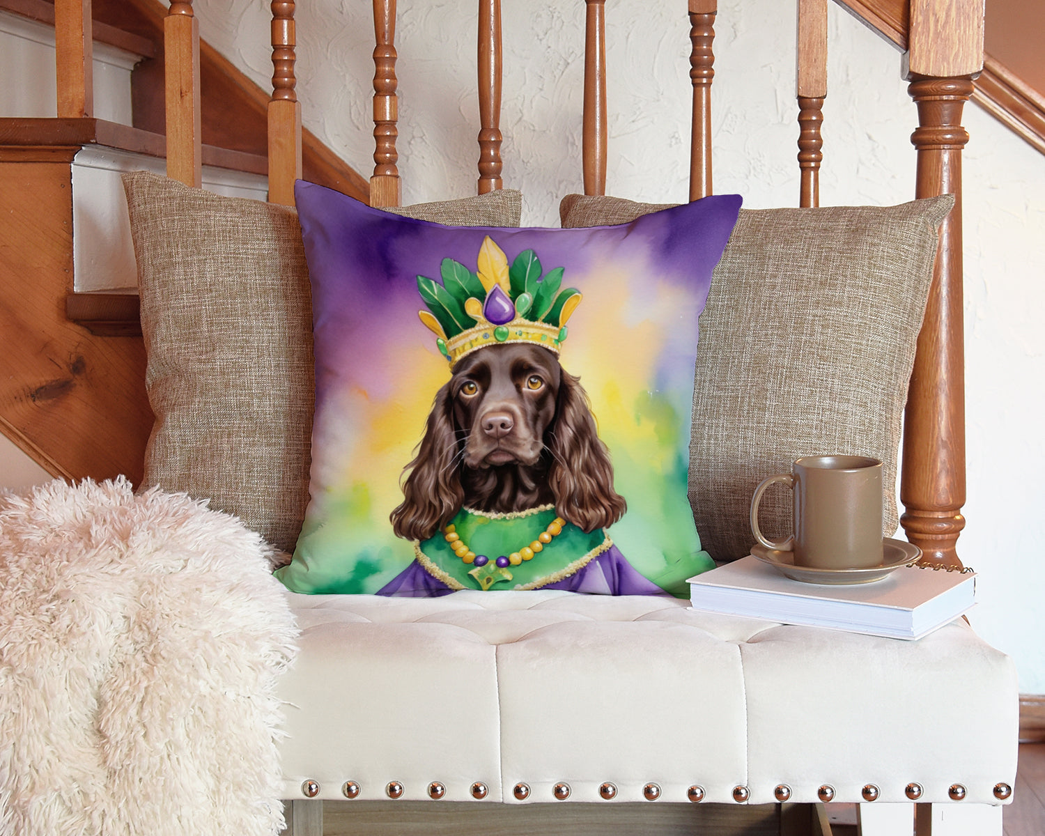 Boykin Spaniel King of Mardi Gras Decorative Throw Pillow 14x14 Indoor Outdoor Accent Cushion, Fabric Cover with Insert for Sofa, Bed, Porch & Living Room