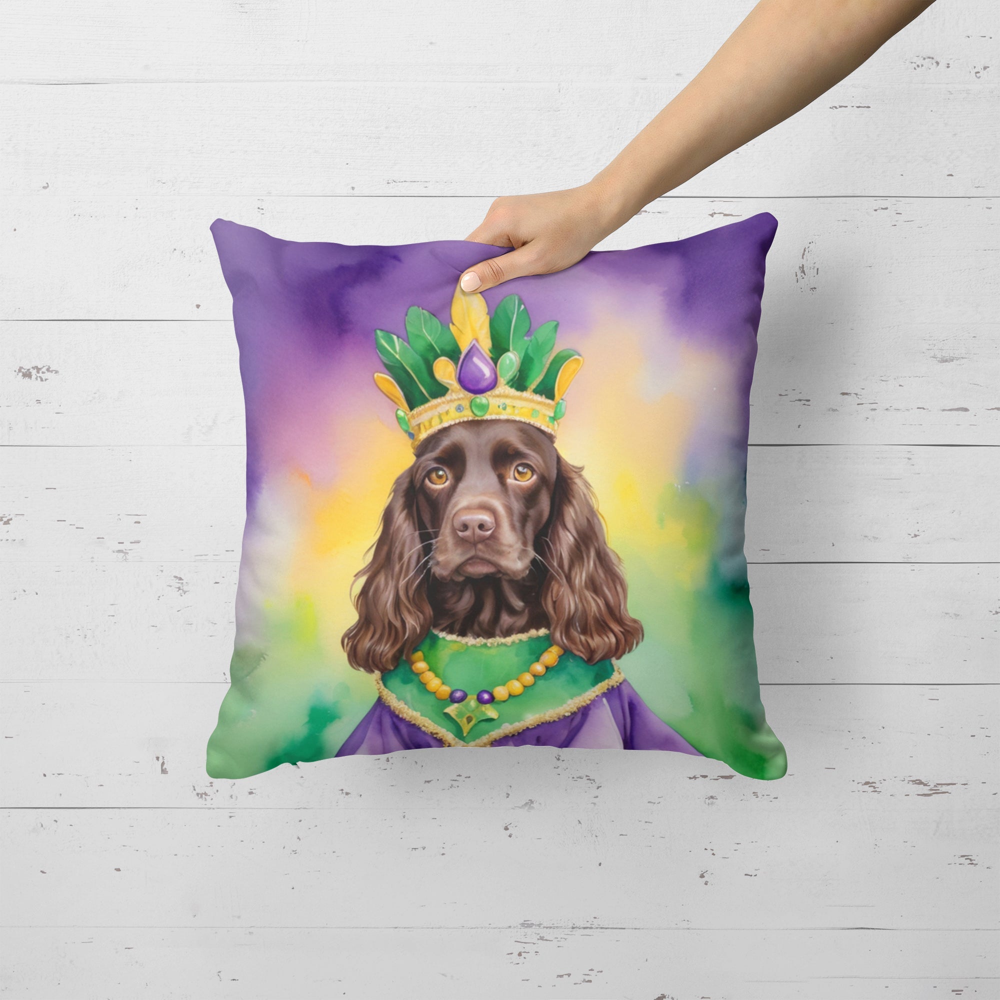 Boykin Spaniel King of Mardi Gras Decorative Throw Pillow 18x18 Indoor Outdoor Accent Cushion, Fabric Cover with Insert for Sofa, Bed, Porch & Living Room