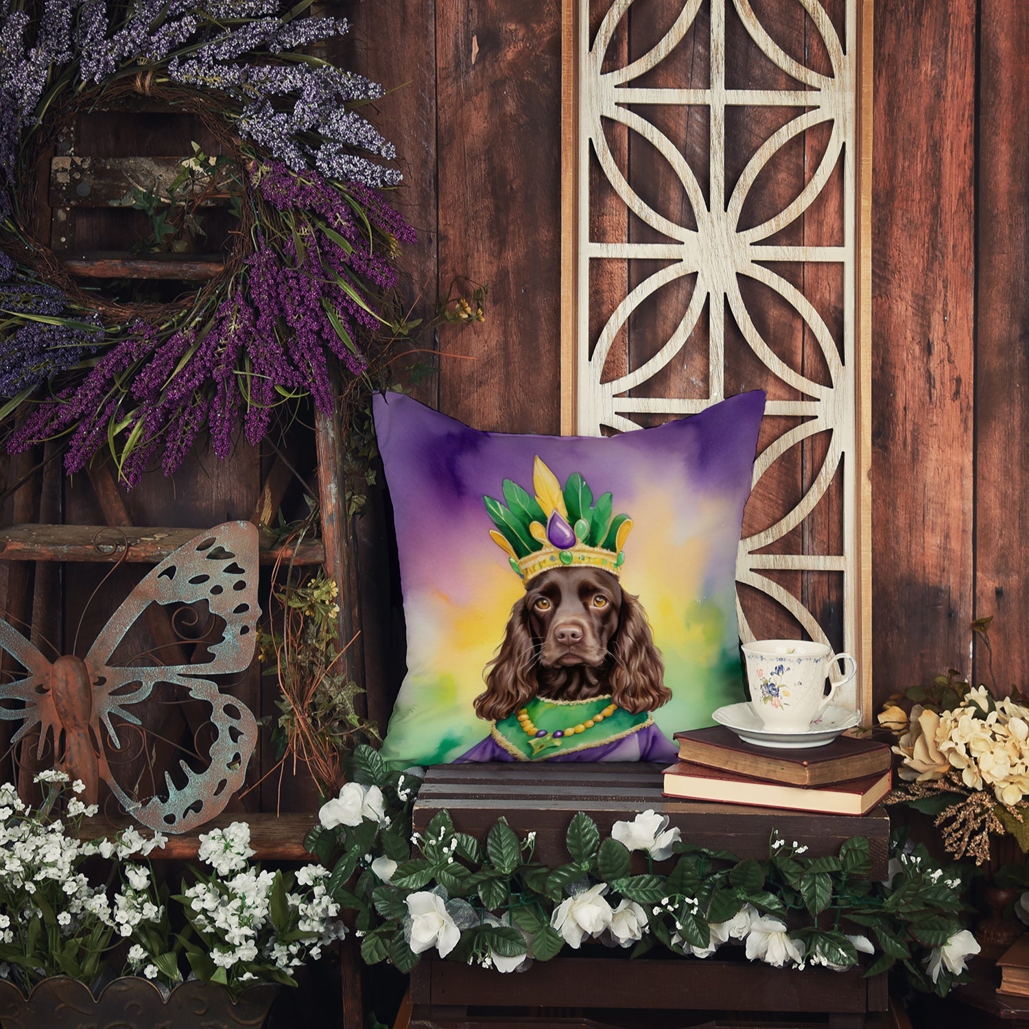 Boykin Spaniel King of Mardi Gras Decorative Throw Pillow 18x18 Indoor Outdoor Accent Cushion, Fabric Cover with Insert for Sofa, Bed, Porch & Living Room