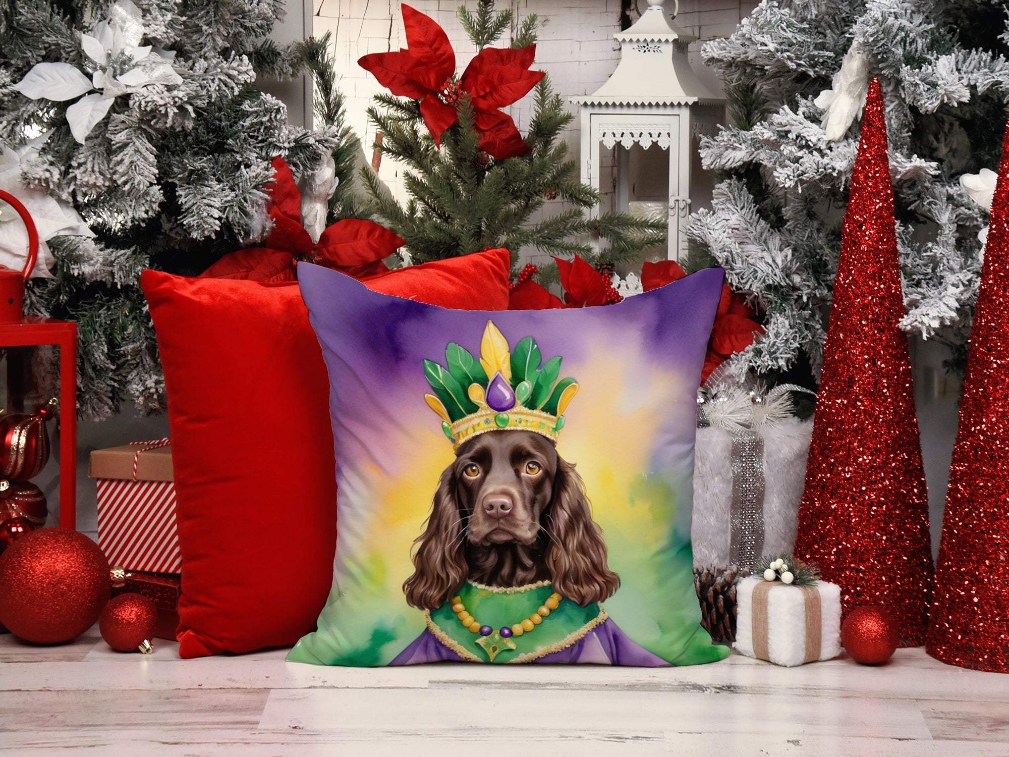 Boykin Spaniel King of Mardi Gras Decorative Throw Pillow 18x18 Indoor Outdoor Accent Cushion, Fabric Cover with Insert for Sofa, Bed, Porch & Living Room