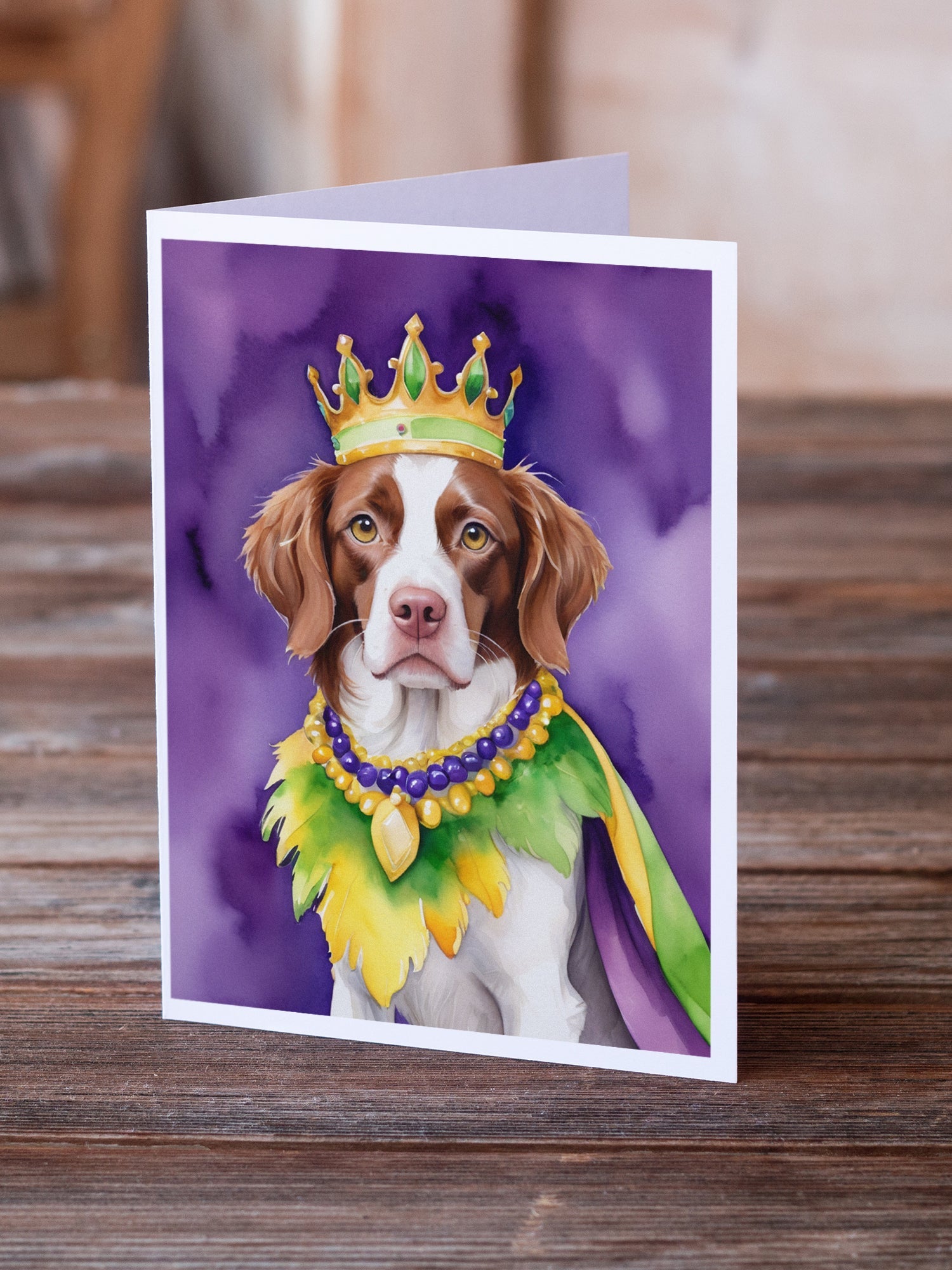 Brittany Spaniel King of Mardi Gras Greeting Cards Pack of 8 Blank Cards with Envelopes Whimsical A7 Size 5x7