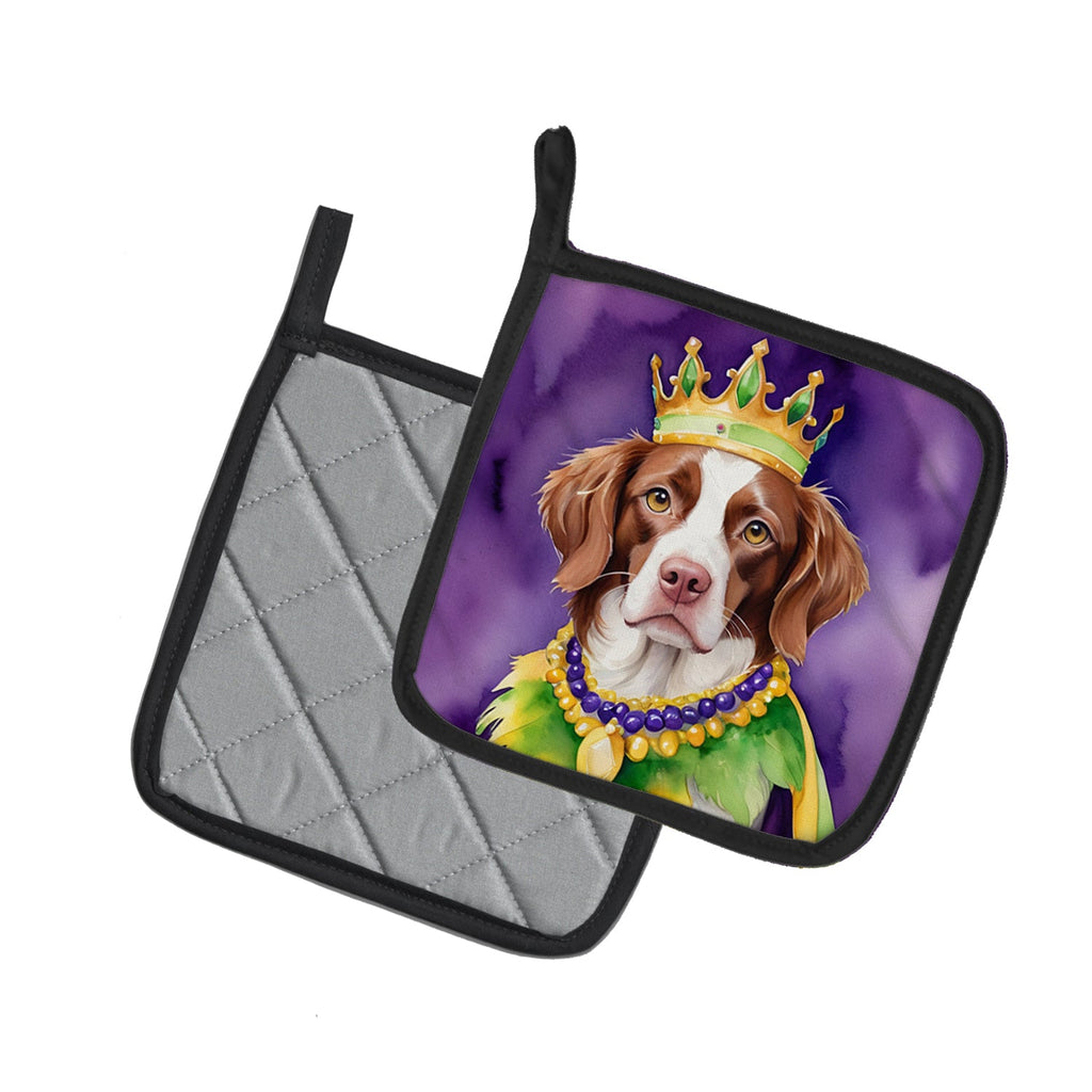 Brittany Spaniel King of Mardi Gras Pot Holder Set of 2 Heat Resistant Quilted Hot Pads 7.5 x 7.5 Inch, Insulated Kitchen Trivets for Cooking & Baking