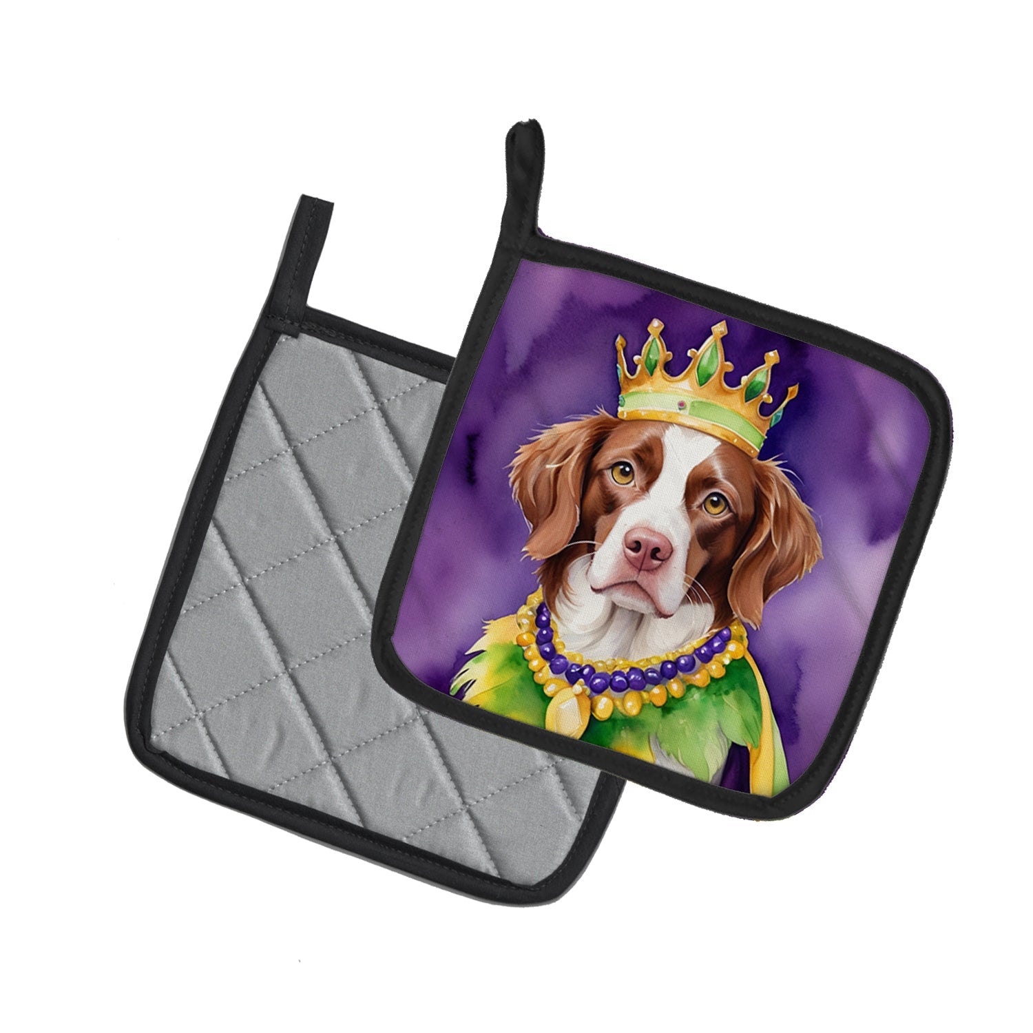 Brittany Spaniel King of Mardi Gras Pot Holder Set of 2 Heat Resistant Quilted Hot Pads 7.5 x 7.5 Inch, Insulated Kitchen Trivets for Cooking & Baking