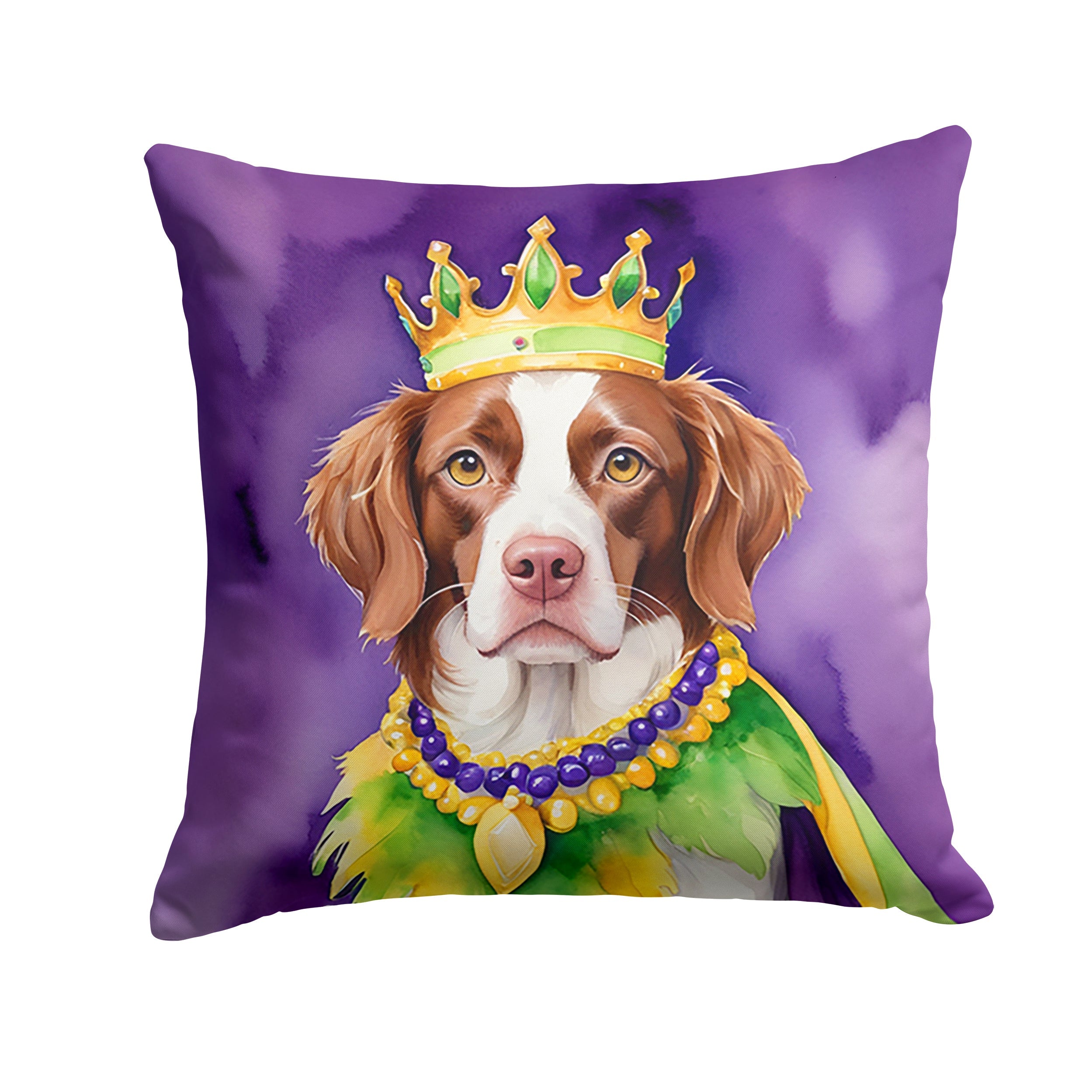 Brittany Spaniel King of Mardi Gras Decorative Throw Pillow 14x14 Indoor Outdoor Accent Cushion, Fabric Cover with Insert for Sofa, Bed, Porch & Living Room
