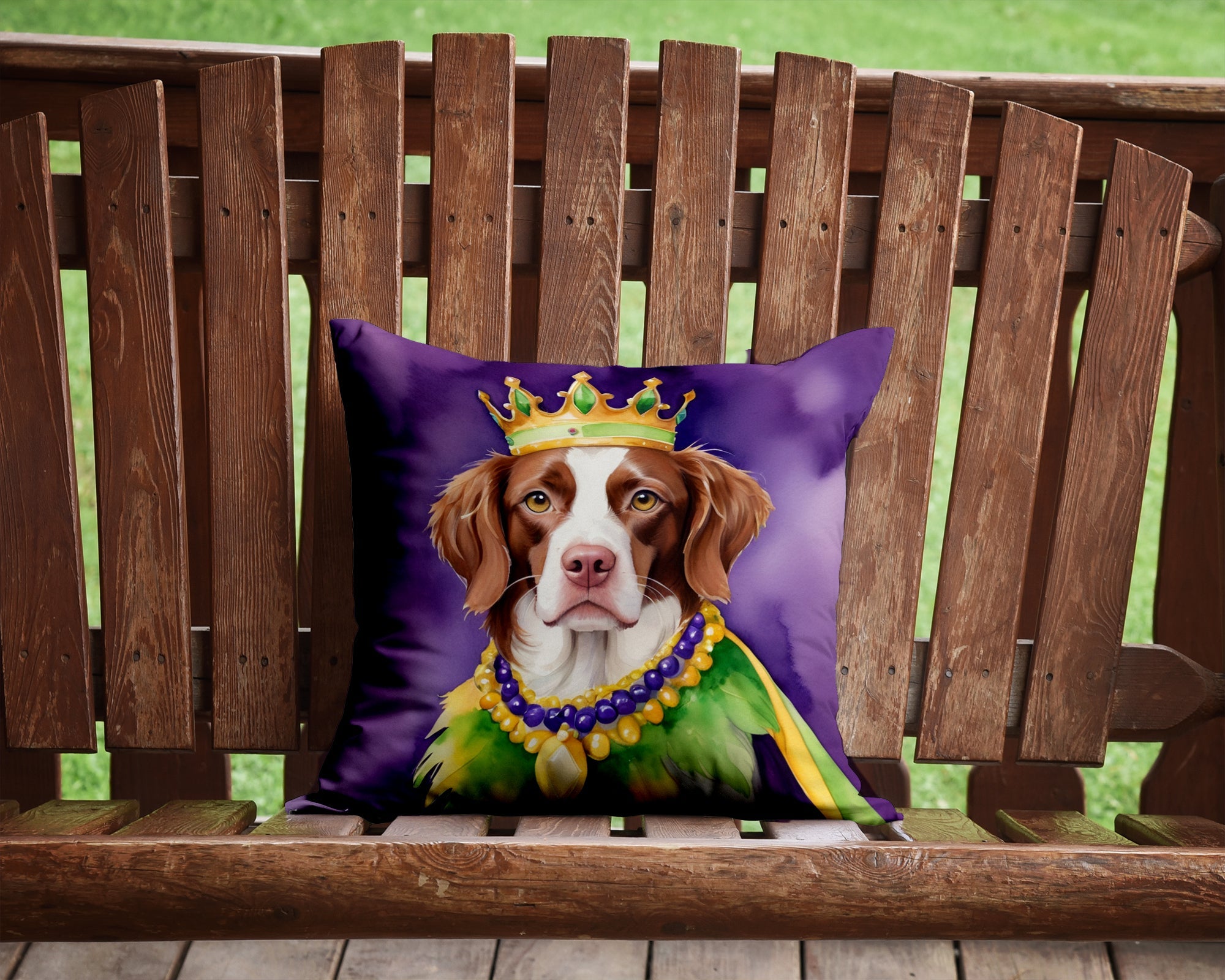 Brittany Spaniel King of Mardi Gras Decorative Throw Pillow 14x14 Indoor Outdoor Accent Cushion, Fabric Cover with Insert for Sofa, Bed, Porch & Living Room
