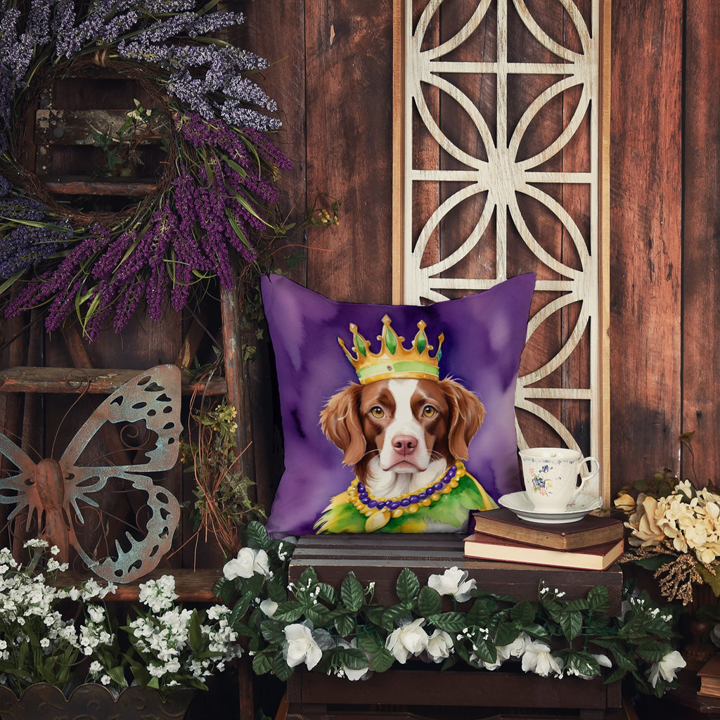 Brittany Spaniel King of Mardi Gras Decorative Throw Pillow 14x14 Indoor Outdoor Accent Cushion, Fabric Cover with Insert for Sofa, Bed, Porch & Living Room