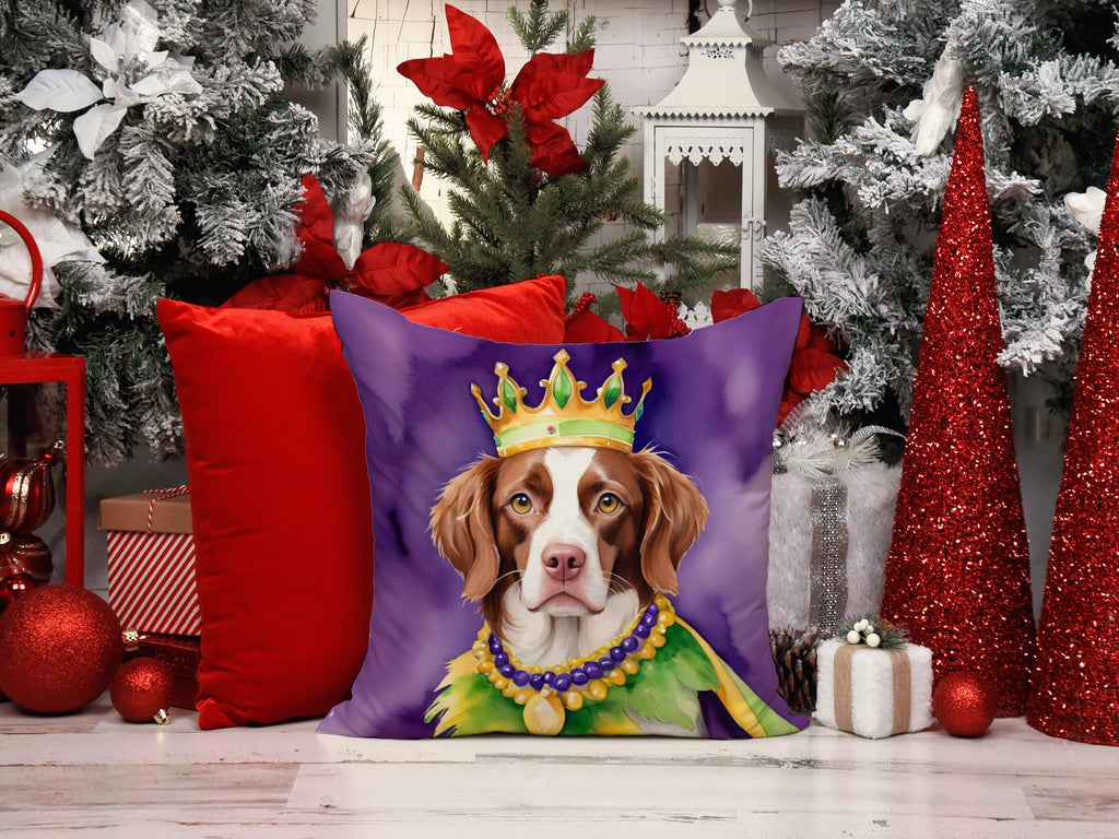 Brittany Spaniel King of Mardi Gras Decorative Throw Pillow 14x14 Indoor Outdoor Accent Cushion, Fabric Cover with Insert for Sofa, Bed, Porch & Living Room