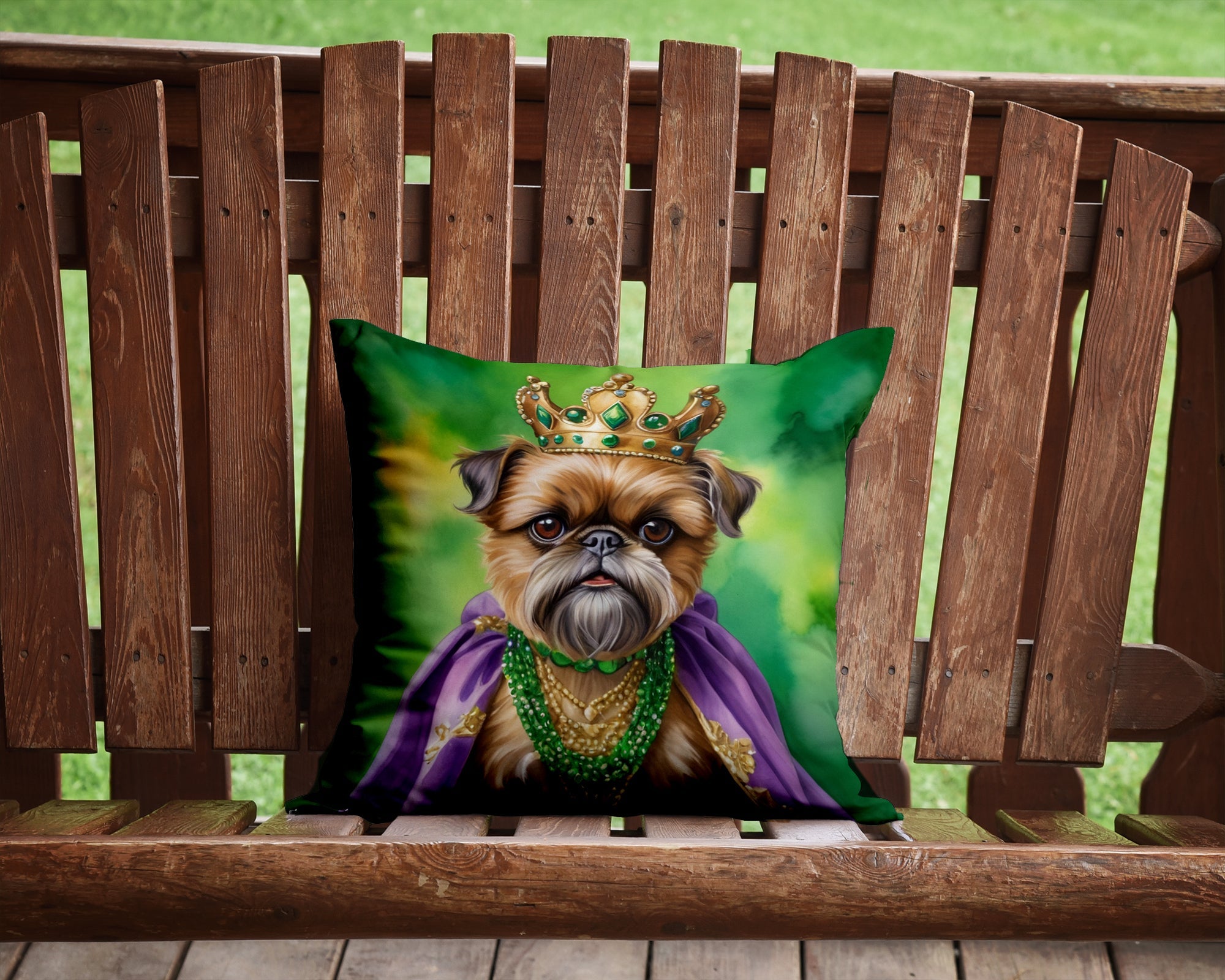 Brussels Griffon King of Mardi Gras Decorative Throw Pillow 14x14 Indoor Outdoor Accent Cushion, Fabric Cover with Insert for Sofa, Bed, Porch & Living Room