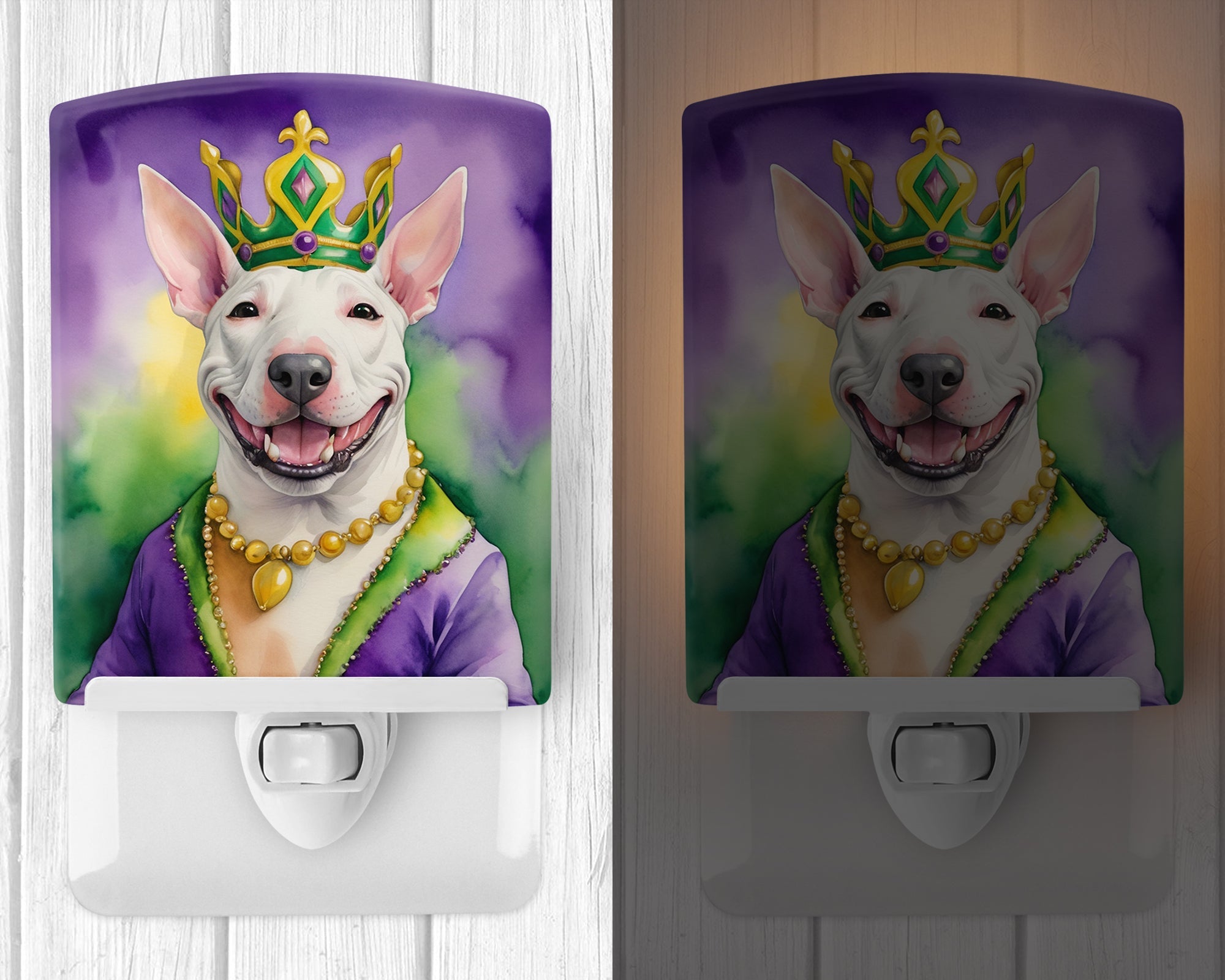 Bull Terrier King of Mardi Gras Ceramic Night Light Compact, UL-Certified, Ideal for Bedroom, Bathroom, Nursery, Hallway, Kitchen, 6x4x3, Multicolor