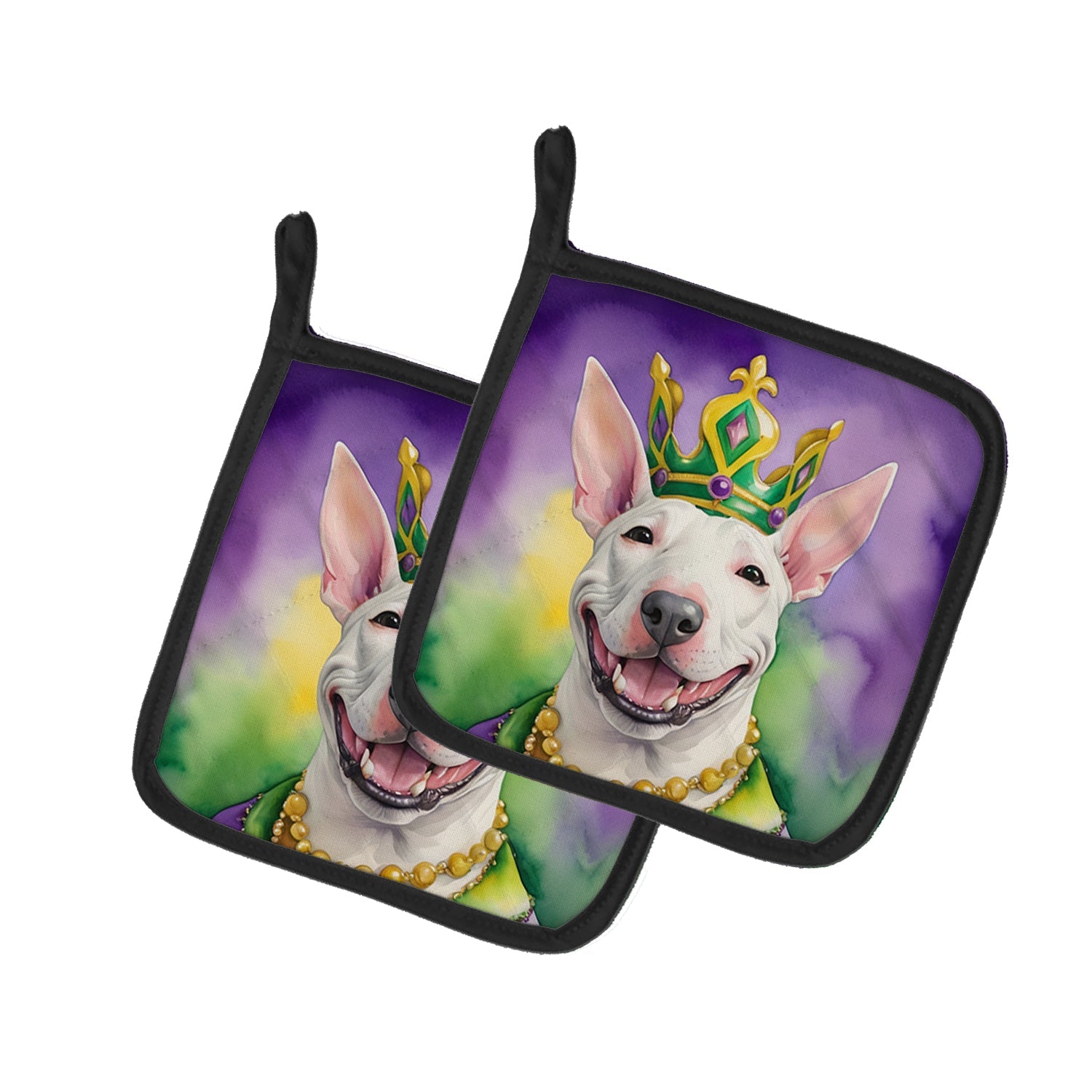 Bull Terrier King of Mardi Gras Pot Holder Set of 2 Heat Resistant Quilted Hot Pads 7.5 x 7.5 Inch, Insulated Kitchen Trivets for Cooking & Baking