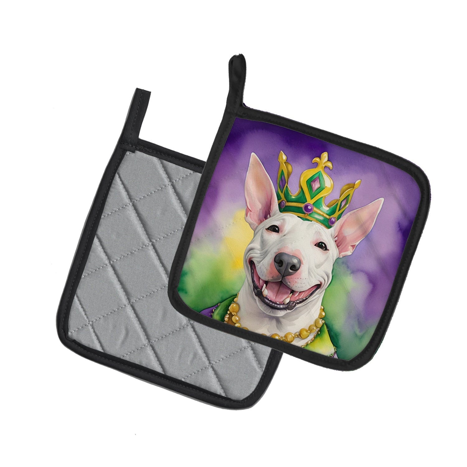Bull Terrier King of Mardi Gras Pot Holder Set of 2 Heat Resistant Quilted Hot Pads 7.5 x 7.5 Inch, Insulated Kitchen Trivets for Cooking & Baking