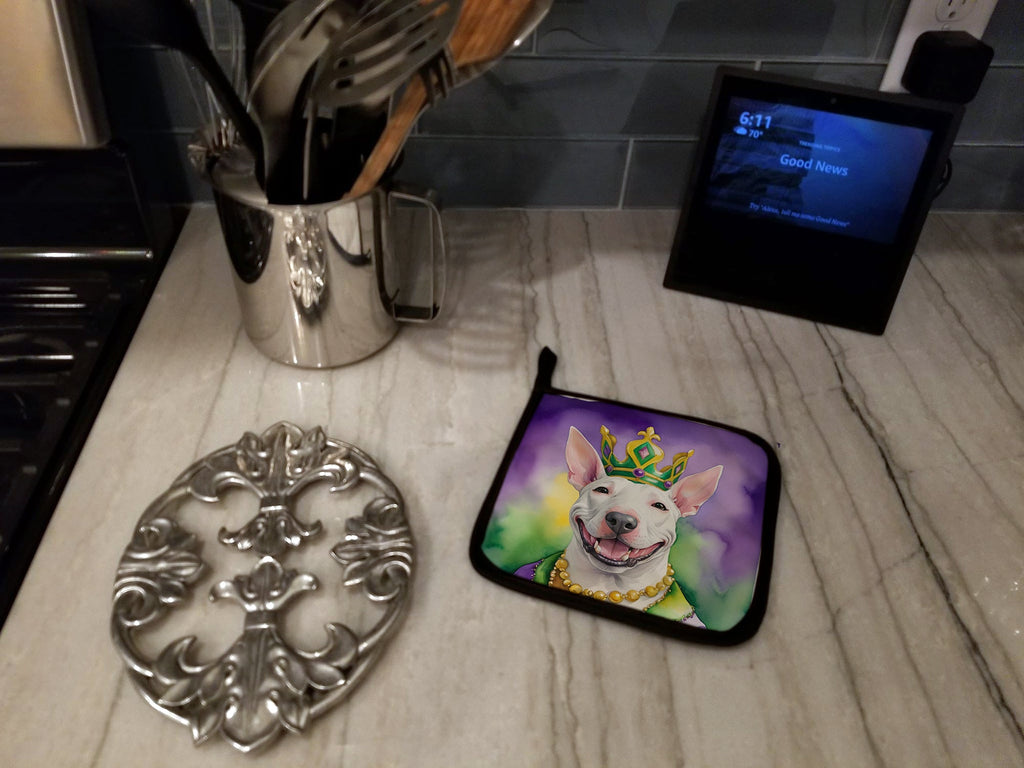 Bull Terrier King of Mardi Gras Pot Holder Set of 2 Heat Resistant Quilted Hot Pads 7.5 x 7.5 Inch, Insulated Kitchen Trivets for Cooking & Baking