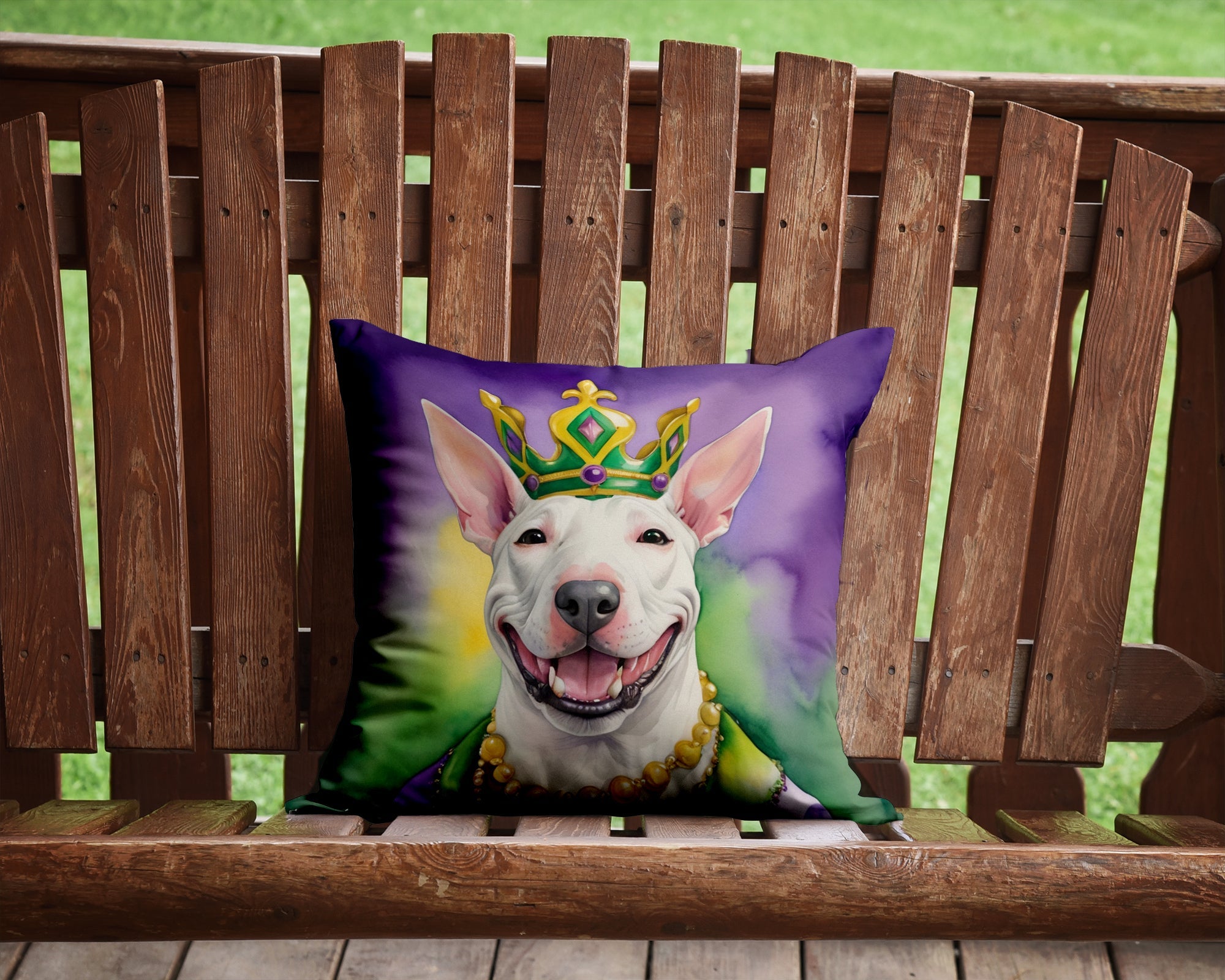 Bull Terrier King of Mardi Gras Decorative Throw Pillow 14x14 Indoor Outdoor Accent Cushion, Fabric Cover with Insert for Sofa, Bed, Porch & Living Room