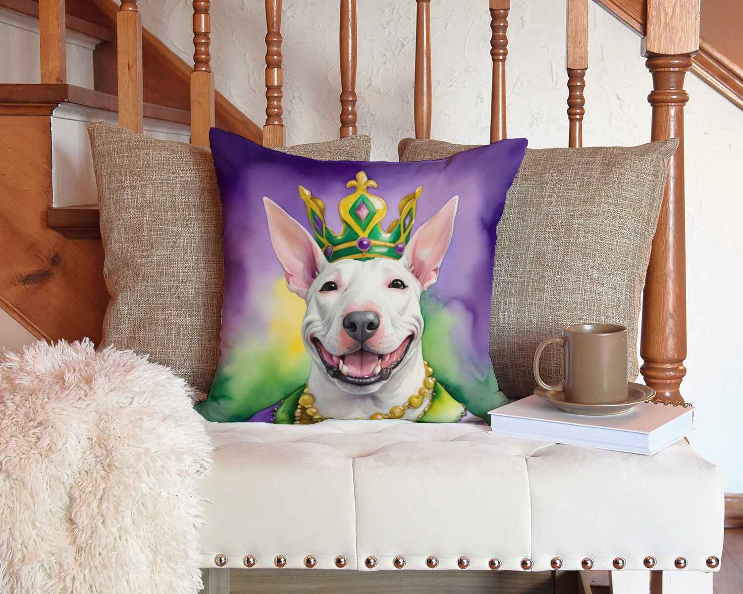 Bull Terrier King of Mardi Gras Decorative Throw Pillow 14x14 Indoor Outdoor Accent Cushion, Fabric Cover with Insert for Sofa, Bed, Porch & Living Room
