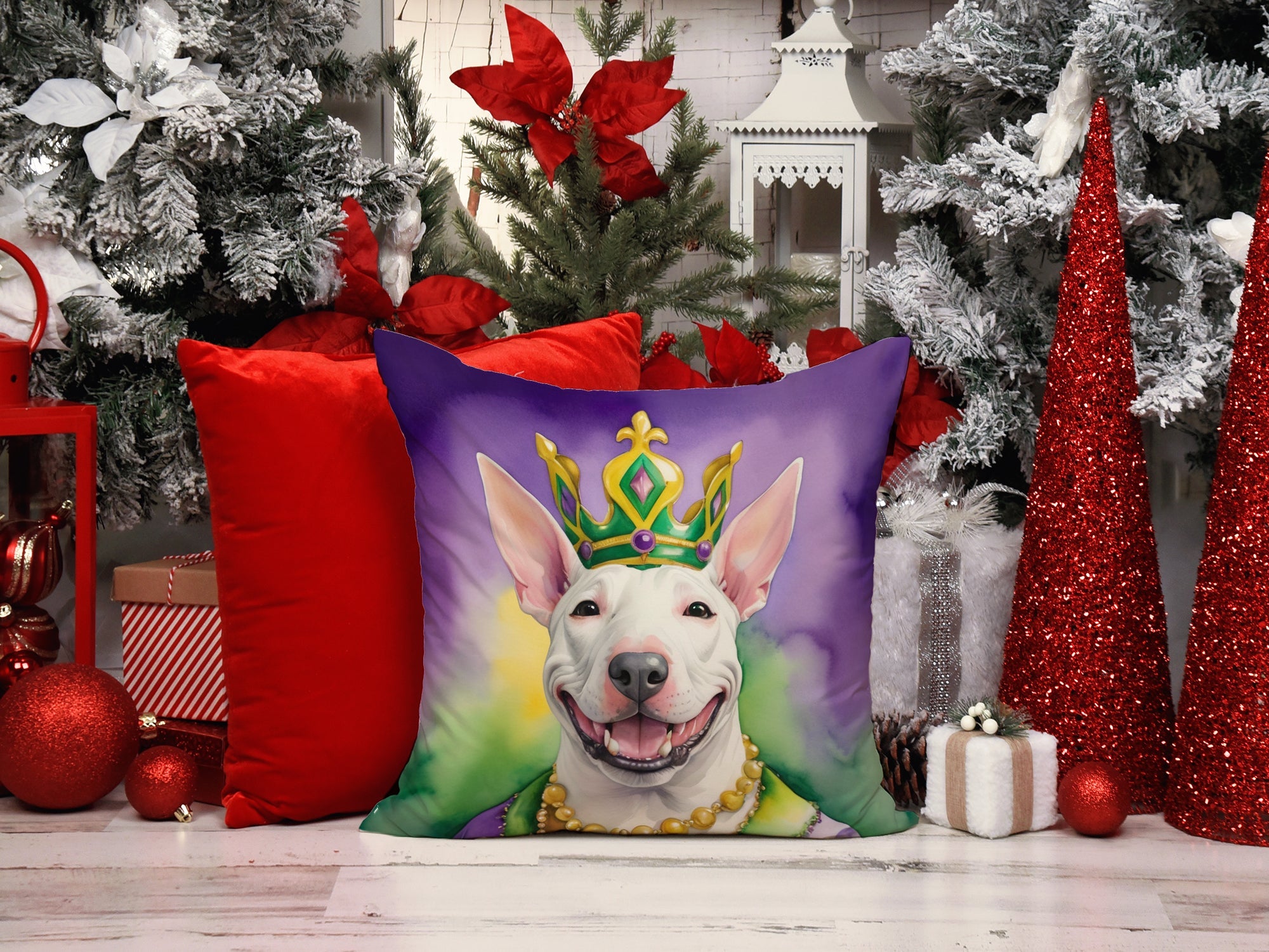 Bull Terrier King of Mardi Gras Decorative Throw Pillow 14x14 Indoor Outdoor Accent Cushion, Fabric Cover with Insert for Sofa, Bed, Porch & Living Room