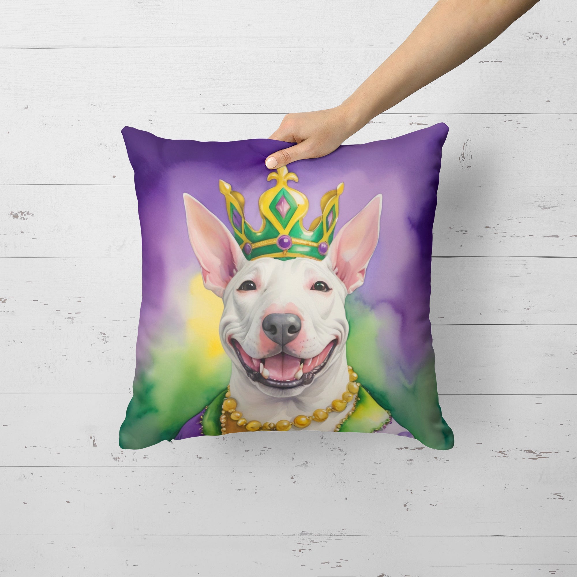 Bull Terrier King of Mardi Gras Decorative Throw Pillow 18x18 Indoor Outdoor Accent Cushion, Fabric Cover with Insert for Sofa, Bed, Porch & Living Room