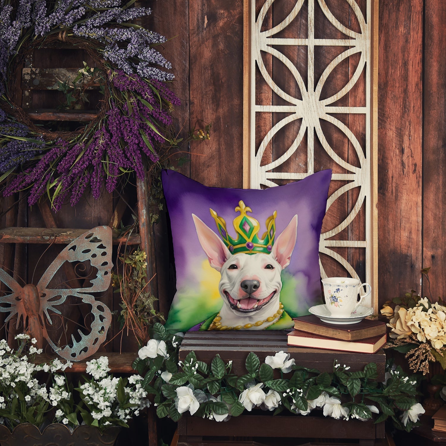 Bull Terrier King of Mardi Gras Decorative Throw Pillow 18x18 Indoor Outdoor Accent Cushion, Fabric Cover with Insert for Sofa, Bed, Porch & Living Room