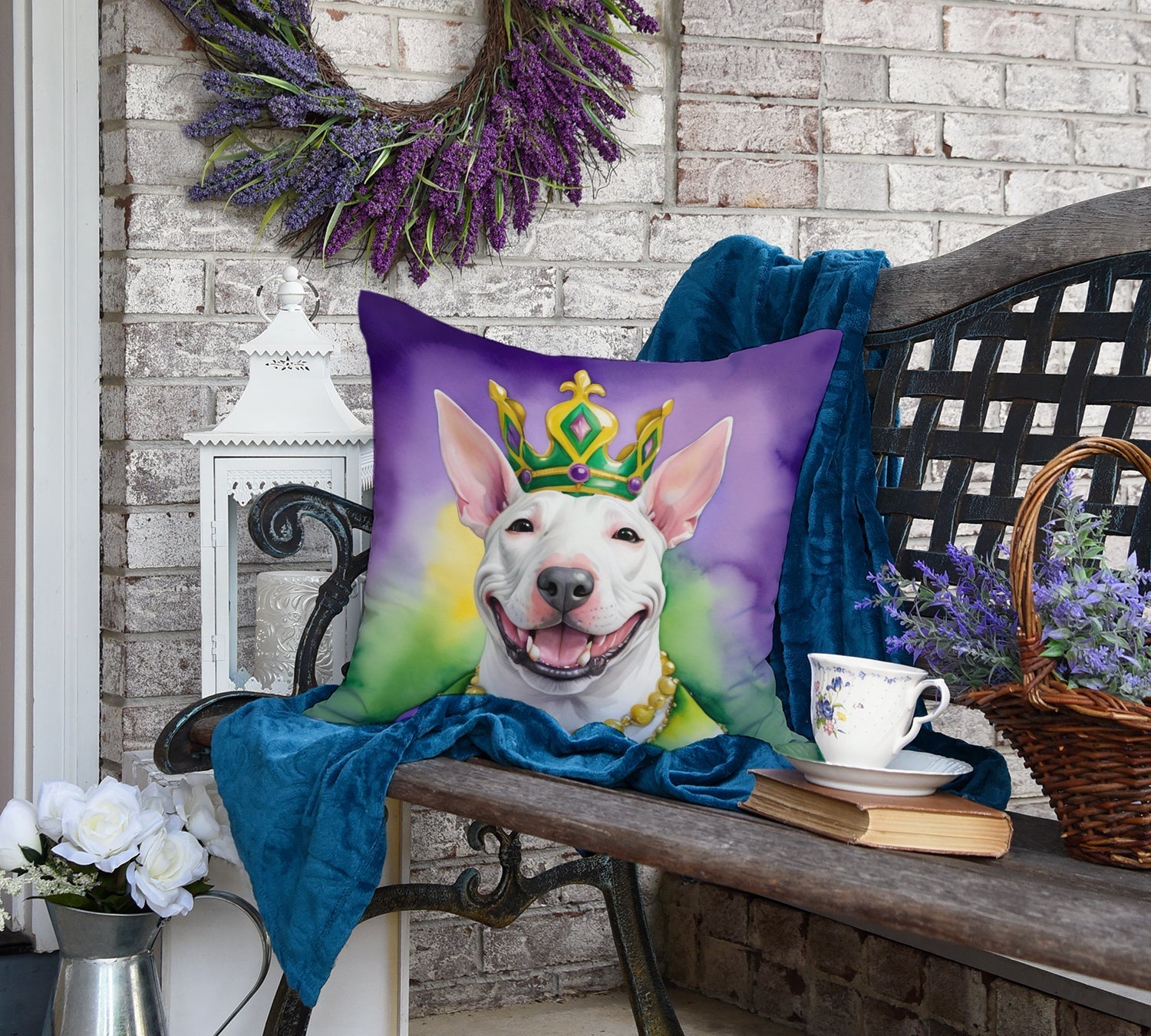 Bull Terrier King of Mardi Gras Decorative Throw Pillow 18x18 Indoor Outdoor Accent Cushion, Fabric Cover with Insert for Sofa, Bed, Porch & Living Room