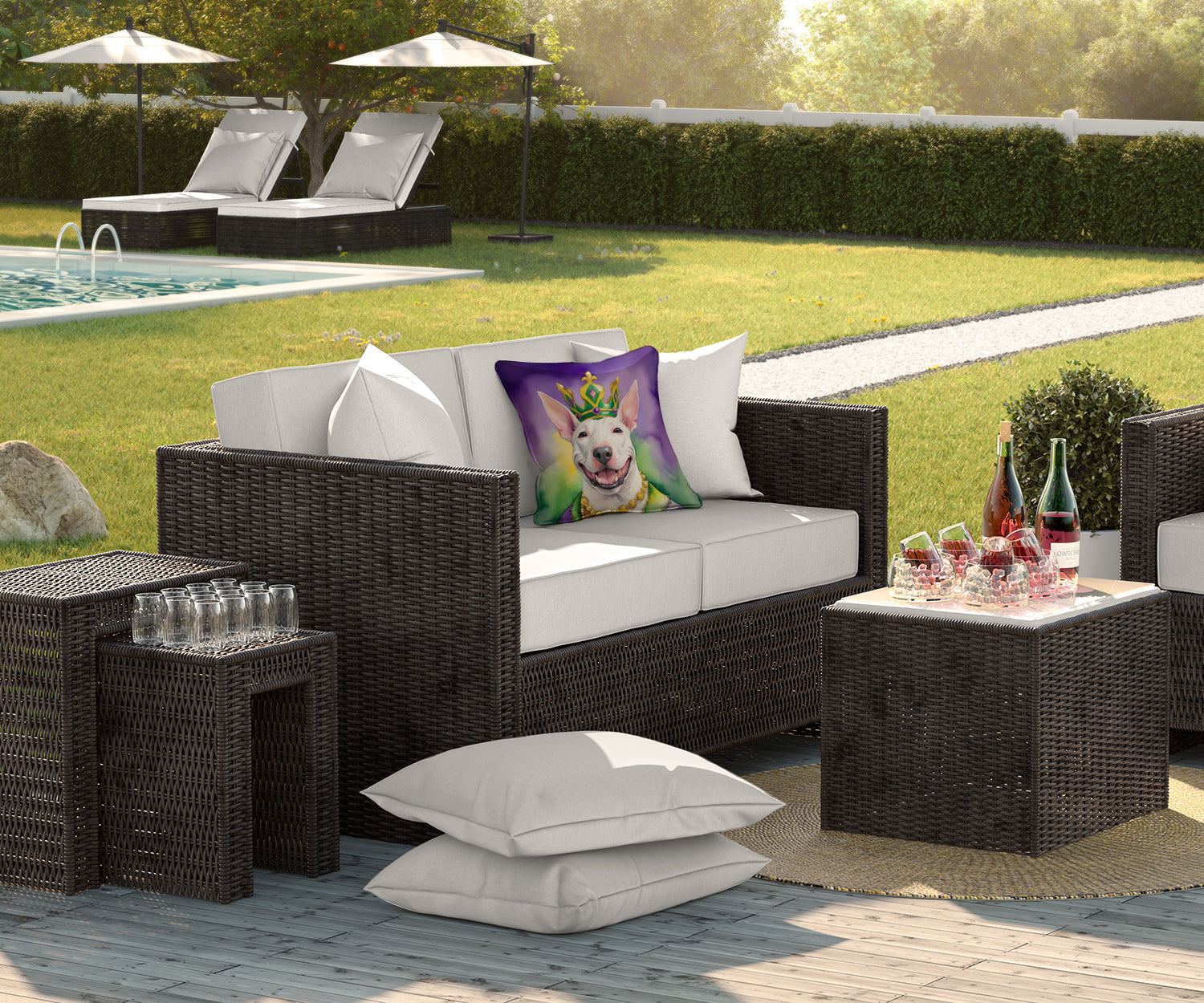 Bull Terrier King of Mardi Gras Decorative Throw Pillow 18x18 Indoor Outdoor Accent Cushion, Fabric Cover with Insert for Sofa, Bed, Porch & Living Room