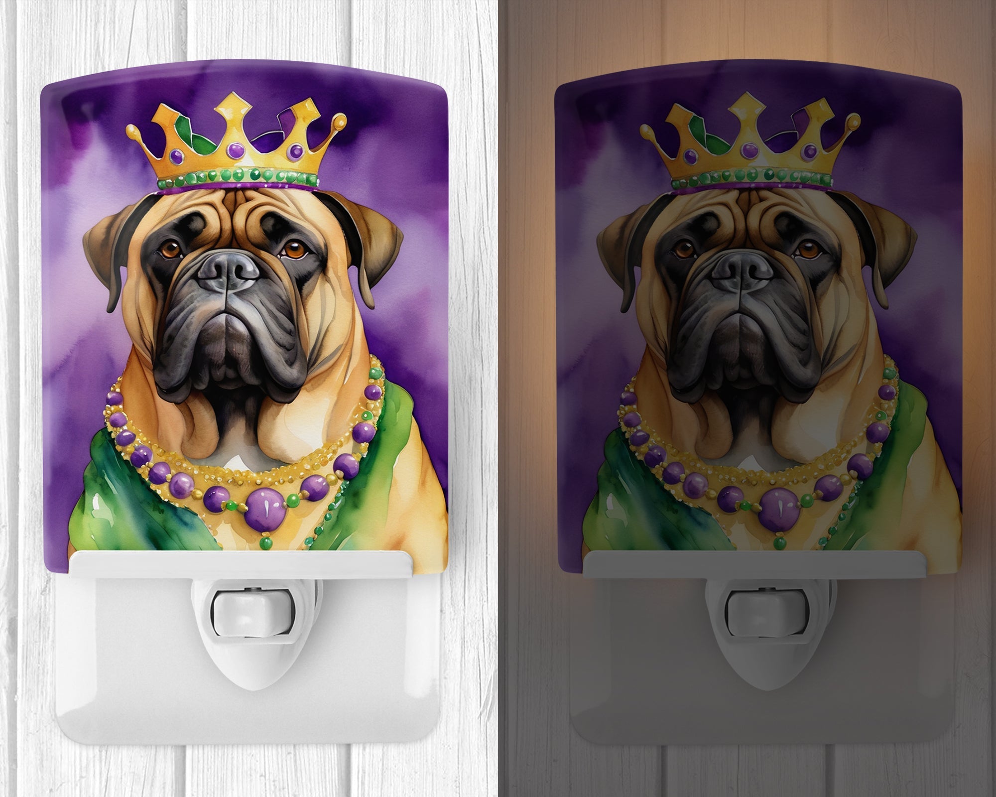 Bullmastiff King of Mardi Gras Ceramic Night Light Compact, UL-Certified, Ideal for Bedroom, Bathroom, Nursery, Hallway, Kitchen, 6x4x3, Multicolor