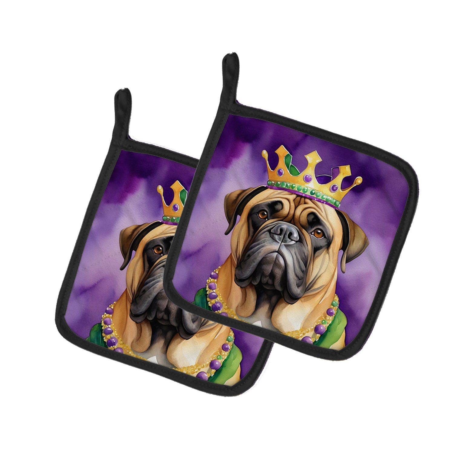 Bullmastiff King of Mardi Gras Pot Holder Set of 2 Heat Resistant Quilted Hot Pads 7.5 x 7.5 Inch, Insulated Kitchen Trivets for Cooking & Baking