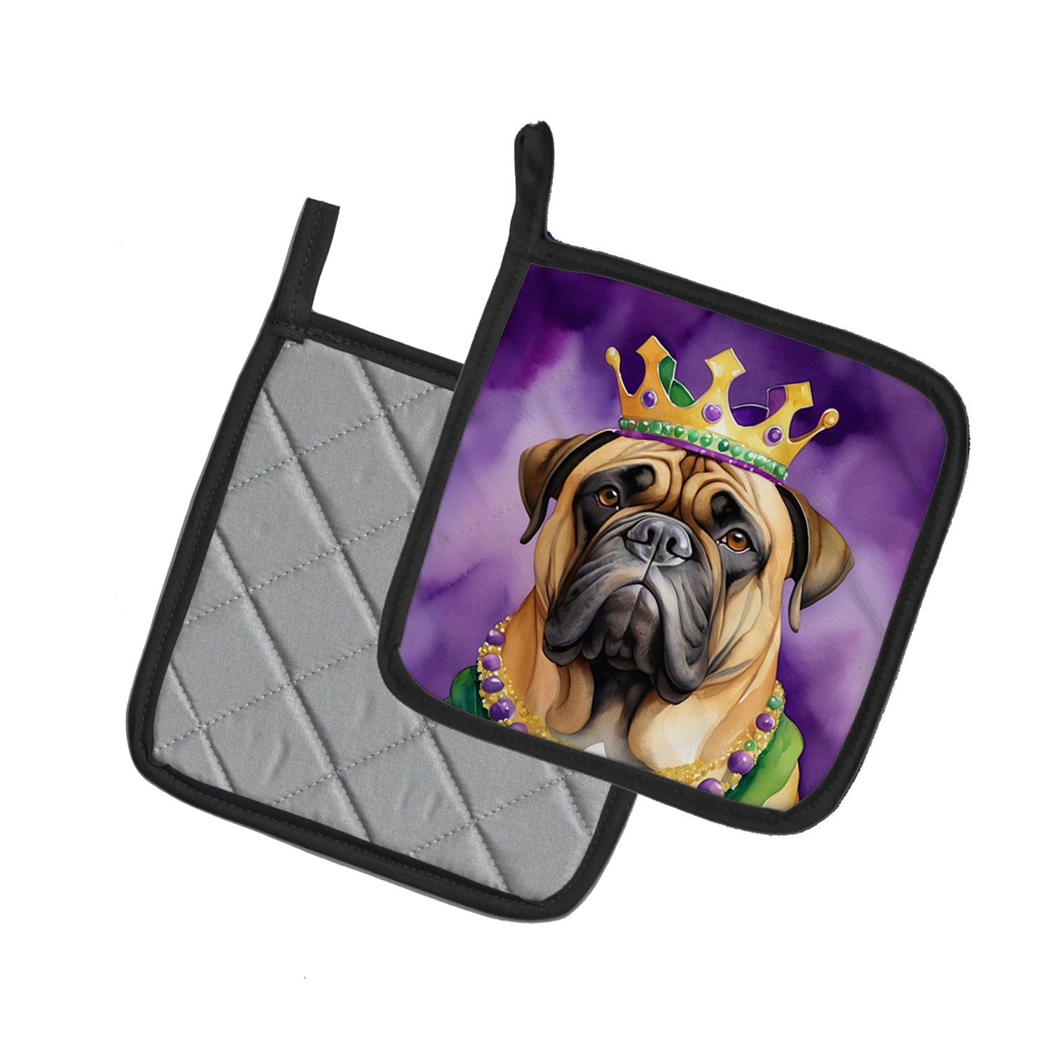 Bullmastiff King of Mardi Gras Pot Holder Set of 2 Heat Resistant Quilted Hot Pads 7.5 x 7.5 Inch, Insulated Kitchen Trivets for Cooking & Baking