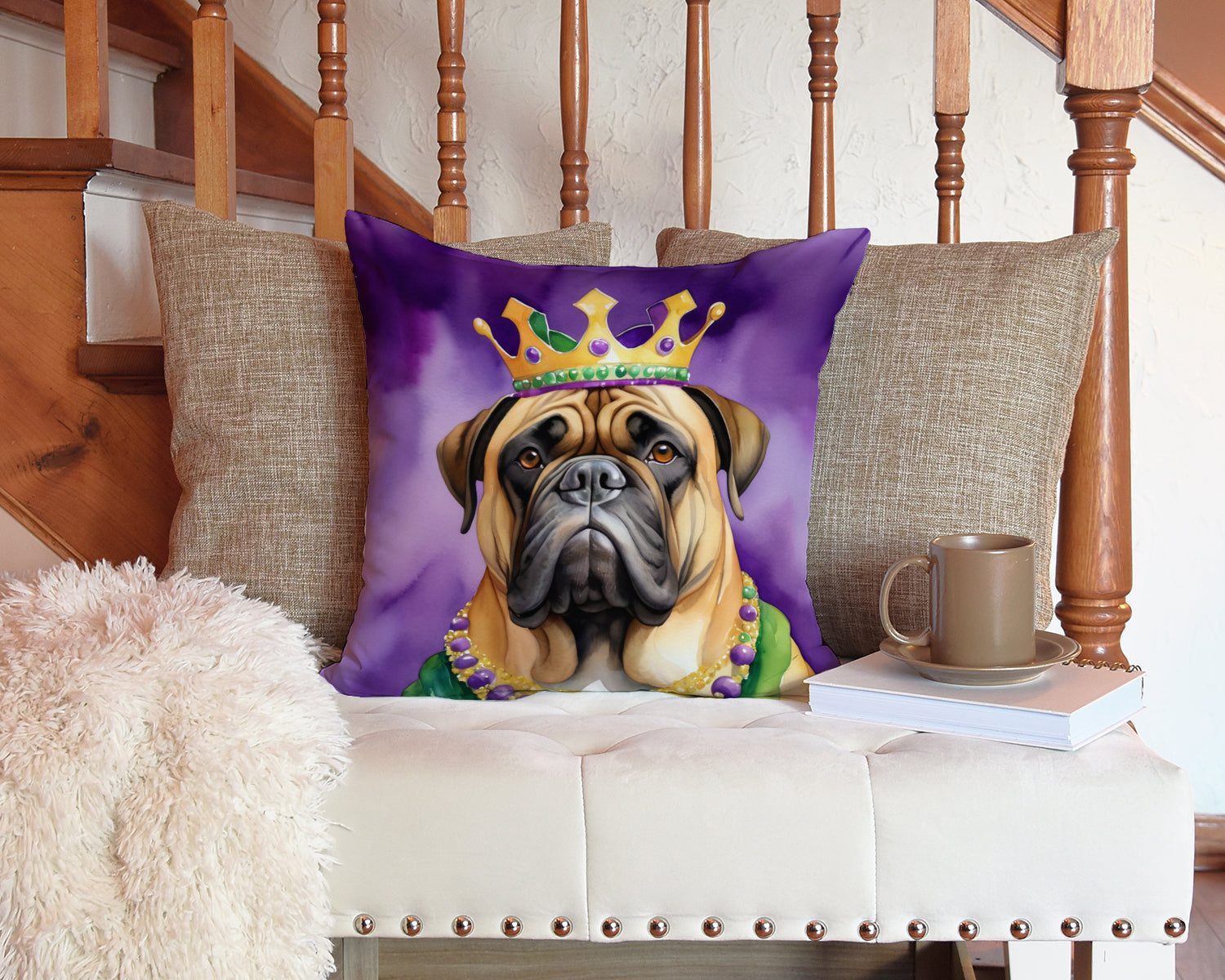 Bullmastiff King of Mardi Gras Decorative Throw Pillow 14x14 Indoor Outdoor Accent Cushion, Fabric Cover with Insert for Sofa, Bed, Porch & Living Room