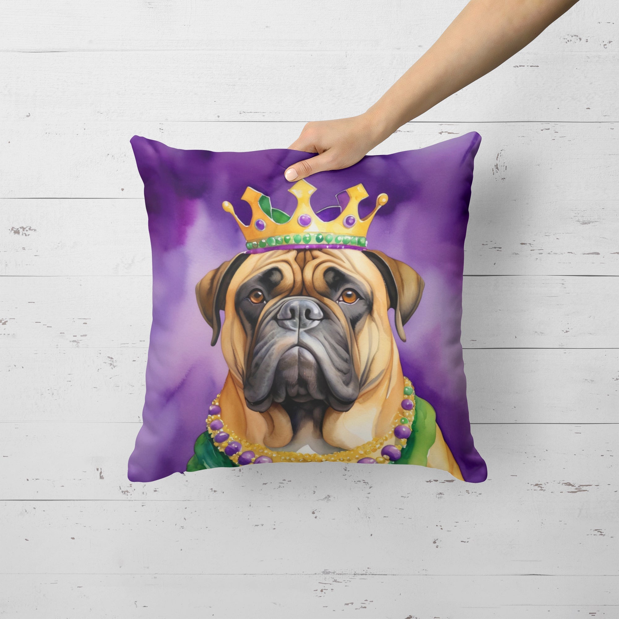 Bullmastiff King of Mardi Gras Decorative Throw Pillow 18x18 Indoor Outdoor Accent Cushion, Fabric Cover with Insert for Sofa, Bed, Porch & Living Room