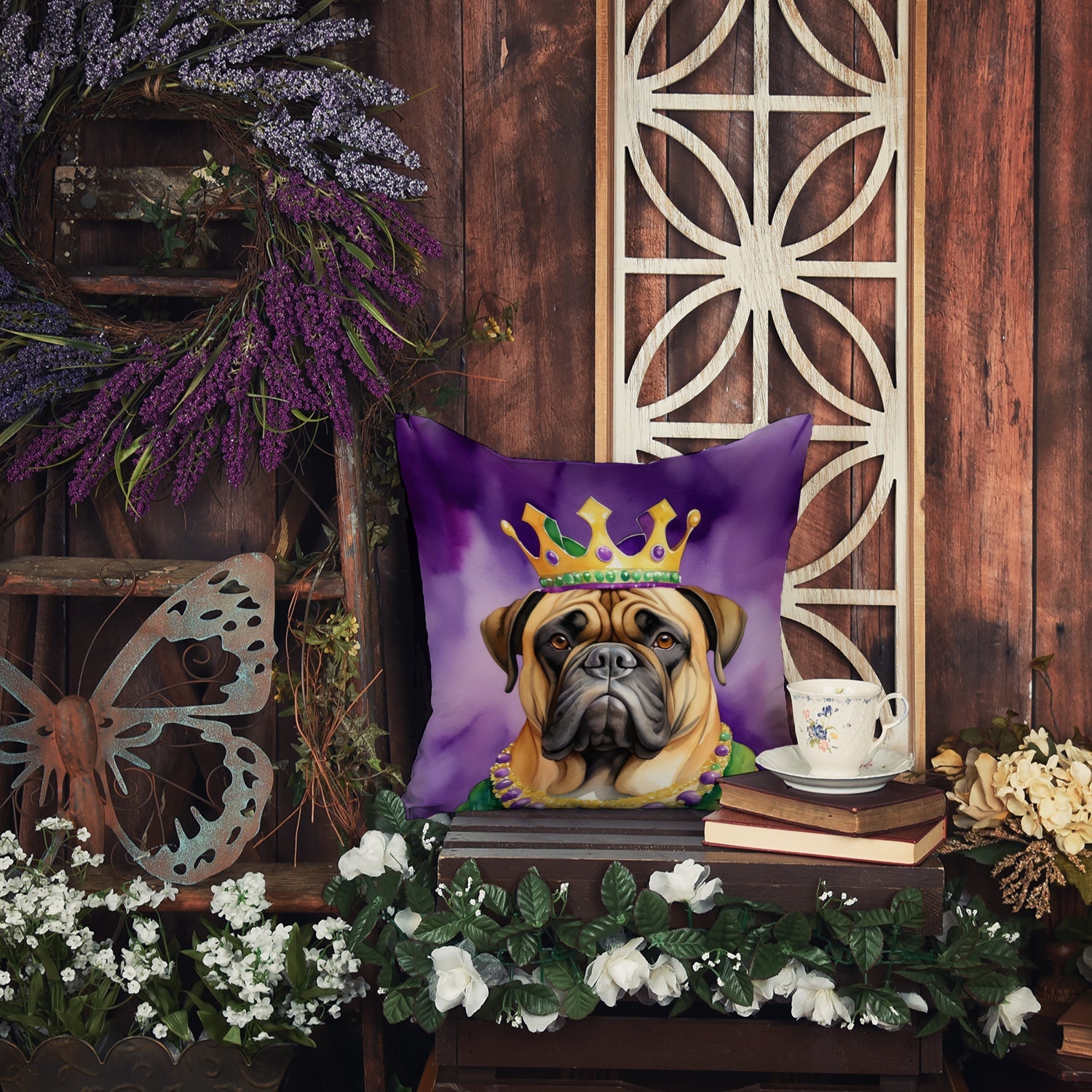 Bullmastiff King of Mardi Gras Decorative Throw Pillow 18x18 Indoor Outdoor Accent Cushion, Fabric Cover with Insert for Sofa, Bed, Porch & Living Room
