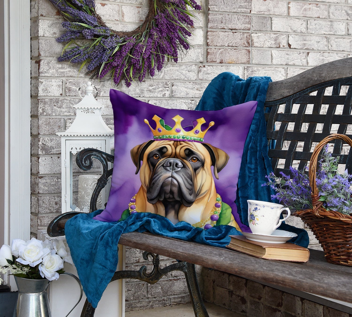 Bullmastiff King of Mardi Gras Decorative Throw Pillow 18x18 Indoor Outdoor Accent Cushion, Fabric Cover with Insert for Sofa, Bed, Porch & Living Room