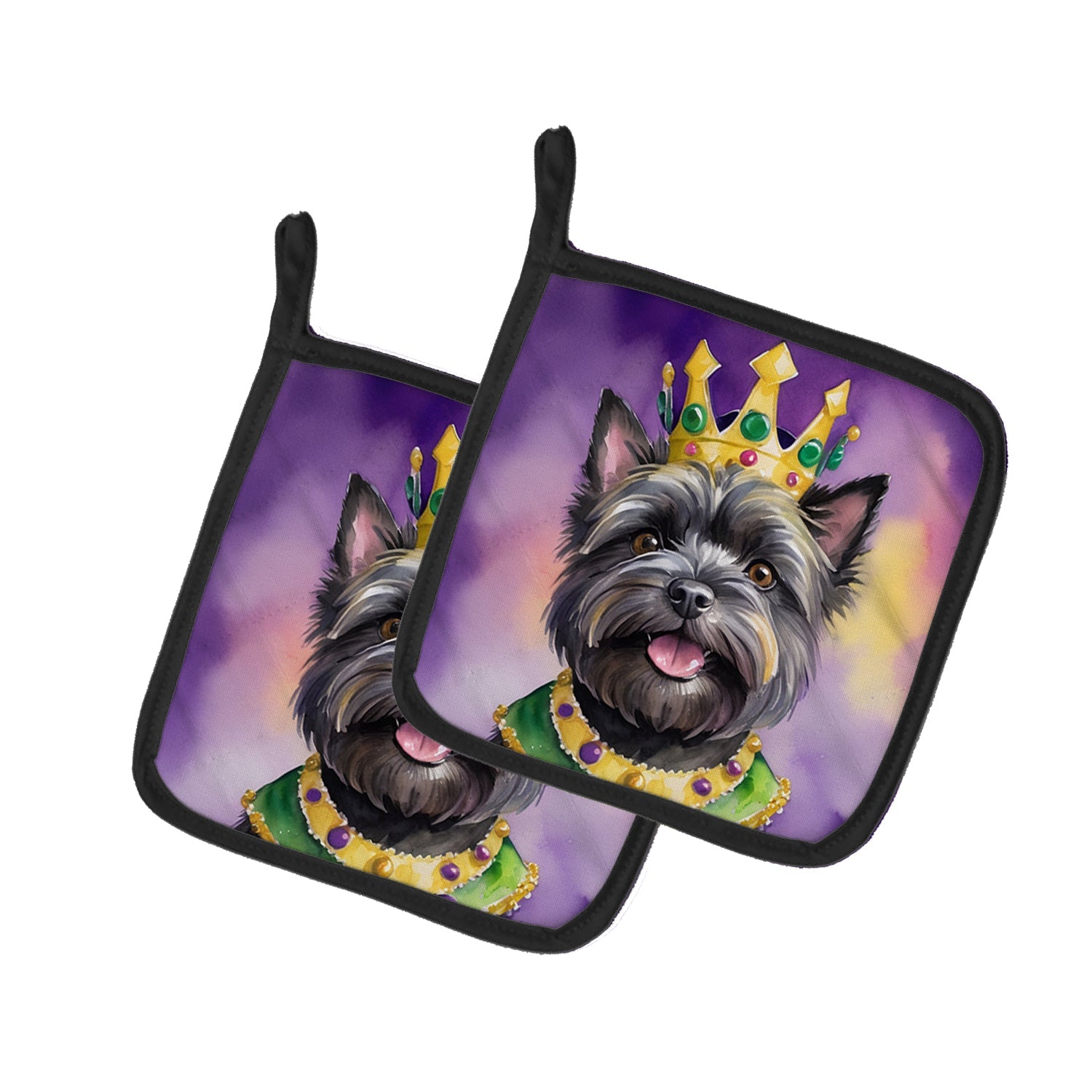Cairn Terrier King of Mardi Gras Pot Holder Set of 2 Heat Resistant Quilted Hot Pads 7.5 x 7.5 Inch, Insulated Kitchen Trivets for Cooking & Baking