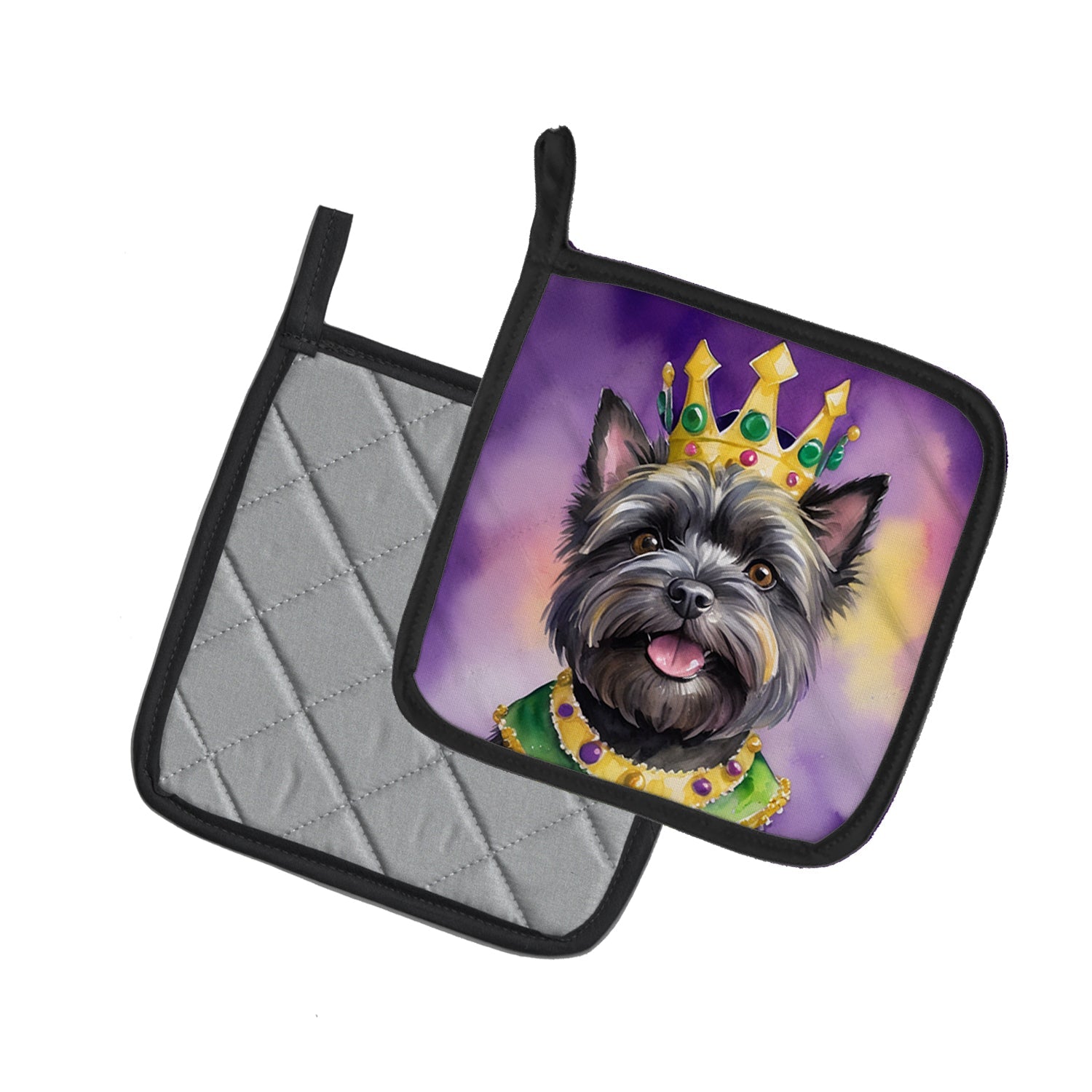 Cairn Terrier King of Mardi Gras Pot Holder Set of 2 Heat Resistant Quilted Hot Pads 7.5 x 7.5 Inch, Insulated Kitchen Trivets for Cooking & Baking
