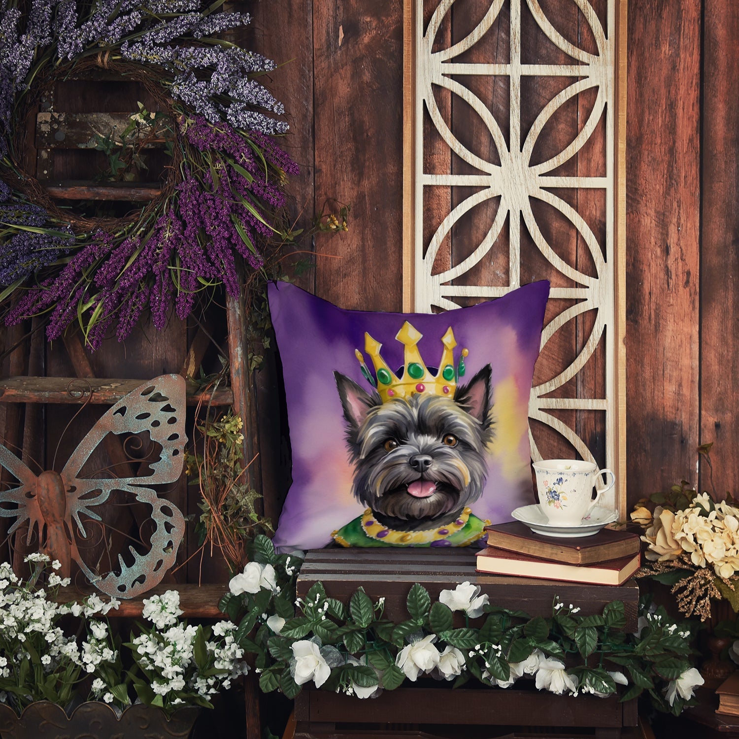 Cairn Terrier King of Mardi Gras Decorative Throw Pillow 14x14 Indoor Outdoor Accent Cushion, Fabric Cover with Insert for Sofa, Bed, Porch & Living Room
