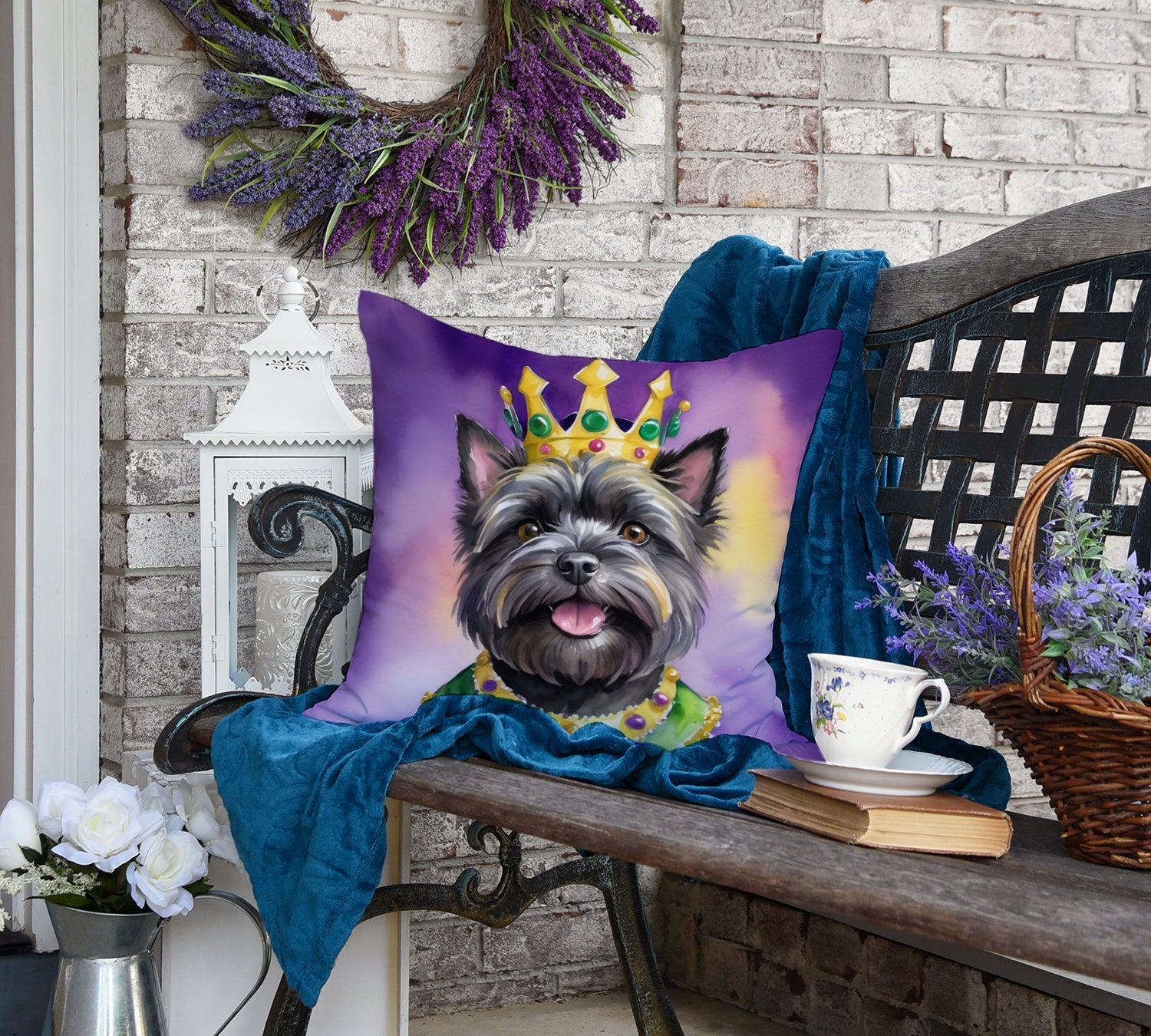 Cairn Terrier King of Mardi Gras Decorative Throw Pillow 18x18 Indoor Outdoor Accent Cushion, Fabric Cover with Insert for Sofa, Bed, Porch & Living Room