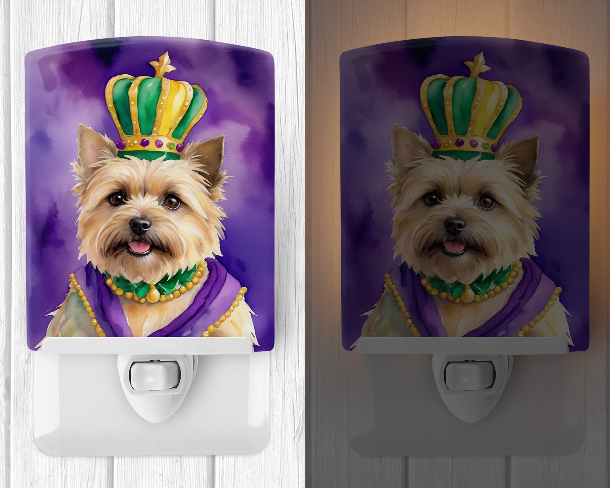 Cairn Terrier King of Mardi Gras Ceramic Night Light Compact, UL-Certified, Ideal for Bedroom, Bathroom, Nursery, Hallway, Kitchen, 6x4x3, Multicolor