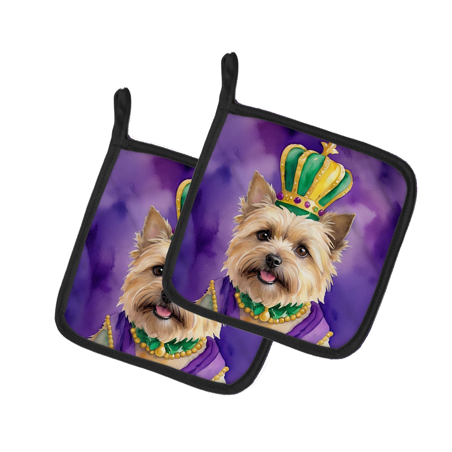 Cairn Terrier King of Mardi Gras Pot Holder Set of 2 Heat Resistant Quilted Hot Pads 7.5 x 7.5 Inch, Insulated Kitchen Trivets for Cooking & Baking