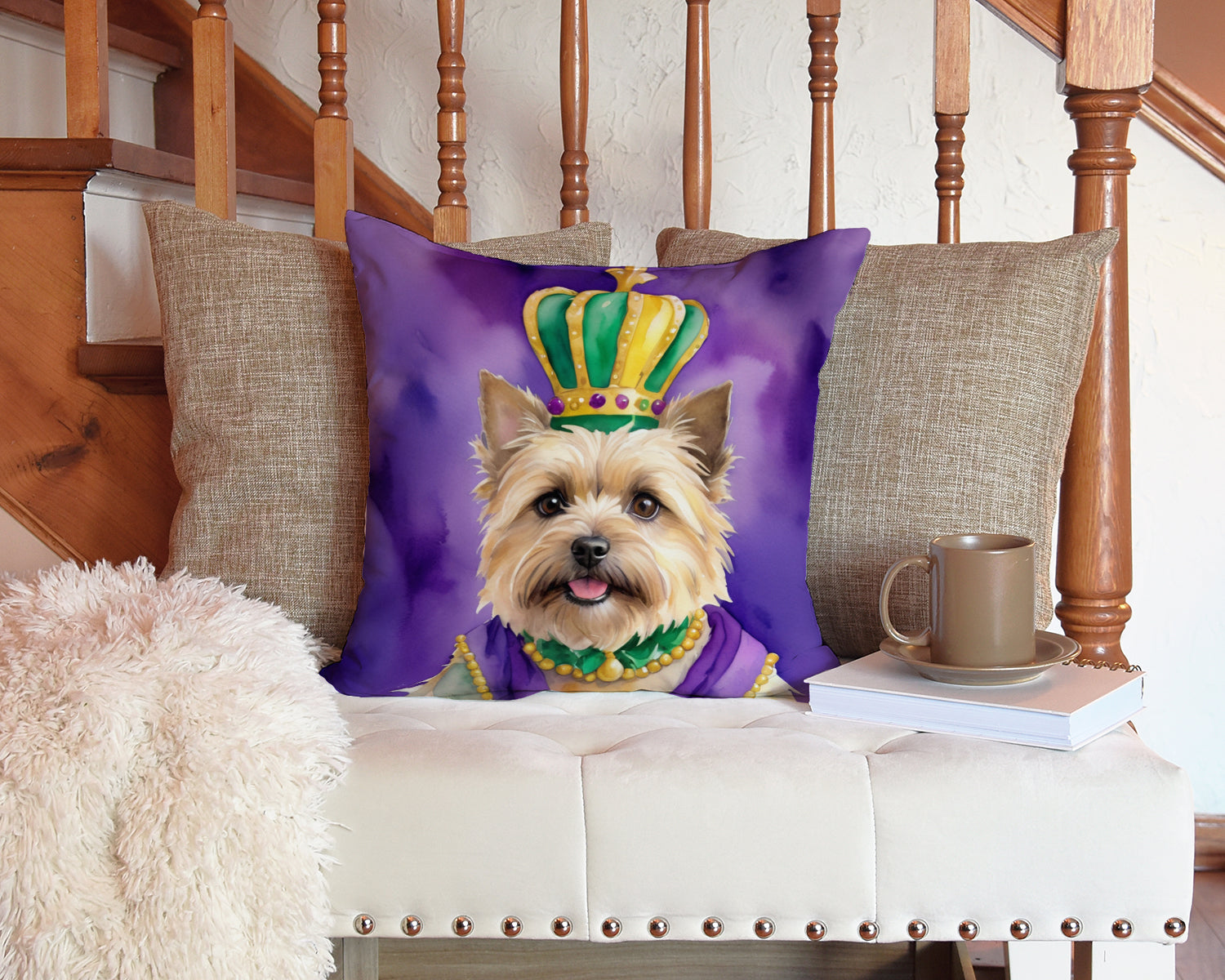 Cairn Terrier King of Mardi Gras Decorative Throw Pillow 14x14 Indoor Outdoor Accent Cushion, Fabric Cover with Insert for Sofa, Bed, Porch & Living Room