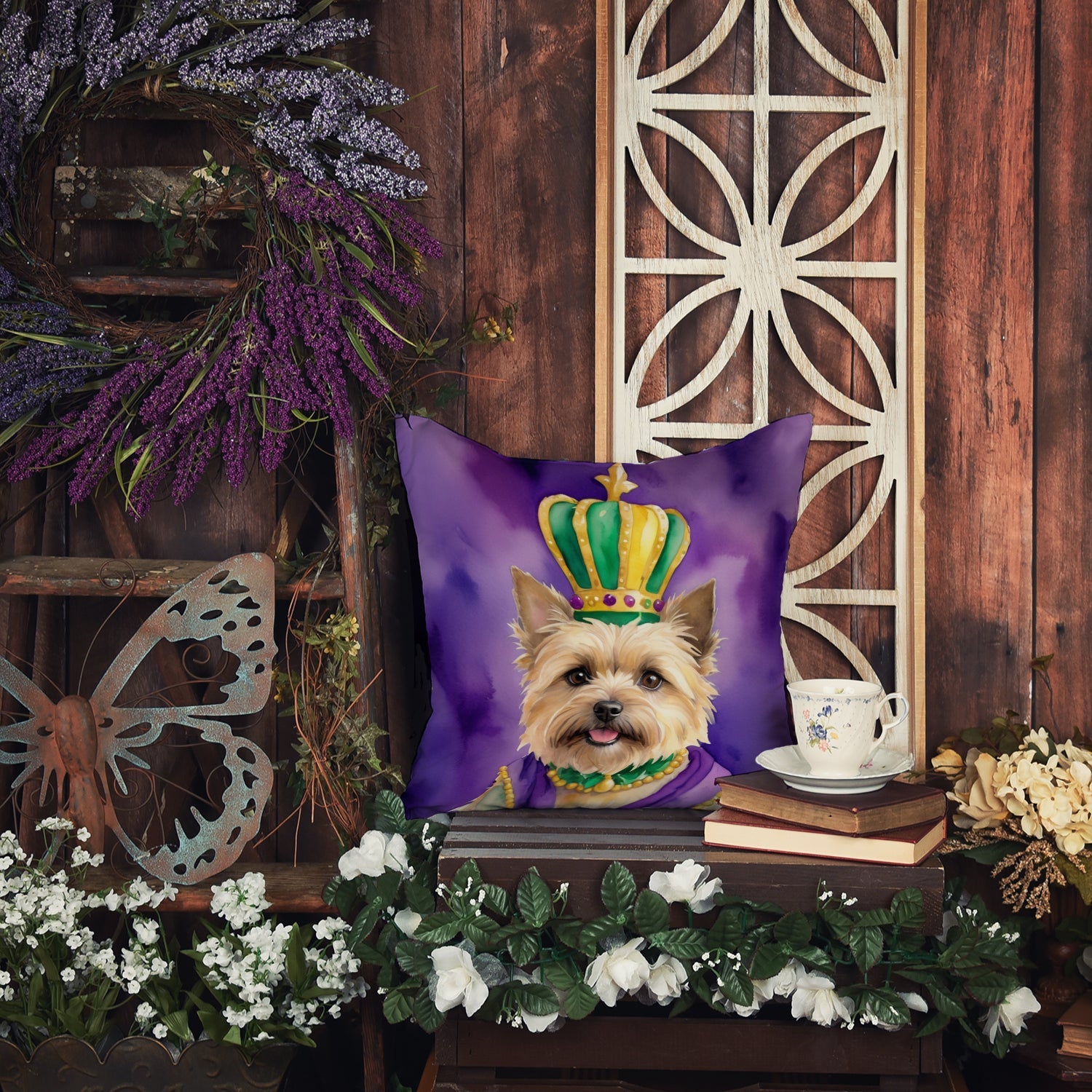 Cairn Terrier King of Mardi Gras Decorative Throw Pillow 14x14 Indoor Outdoor Accent Cushion, Fabric Cover with Insert for Sofa, Bed, Porch & Living Room
