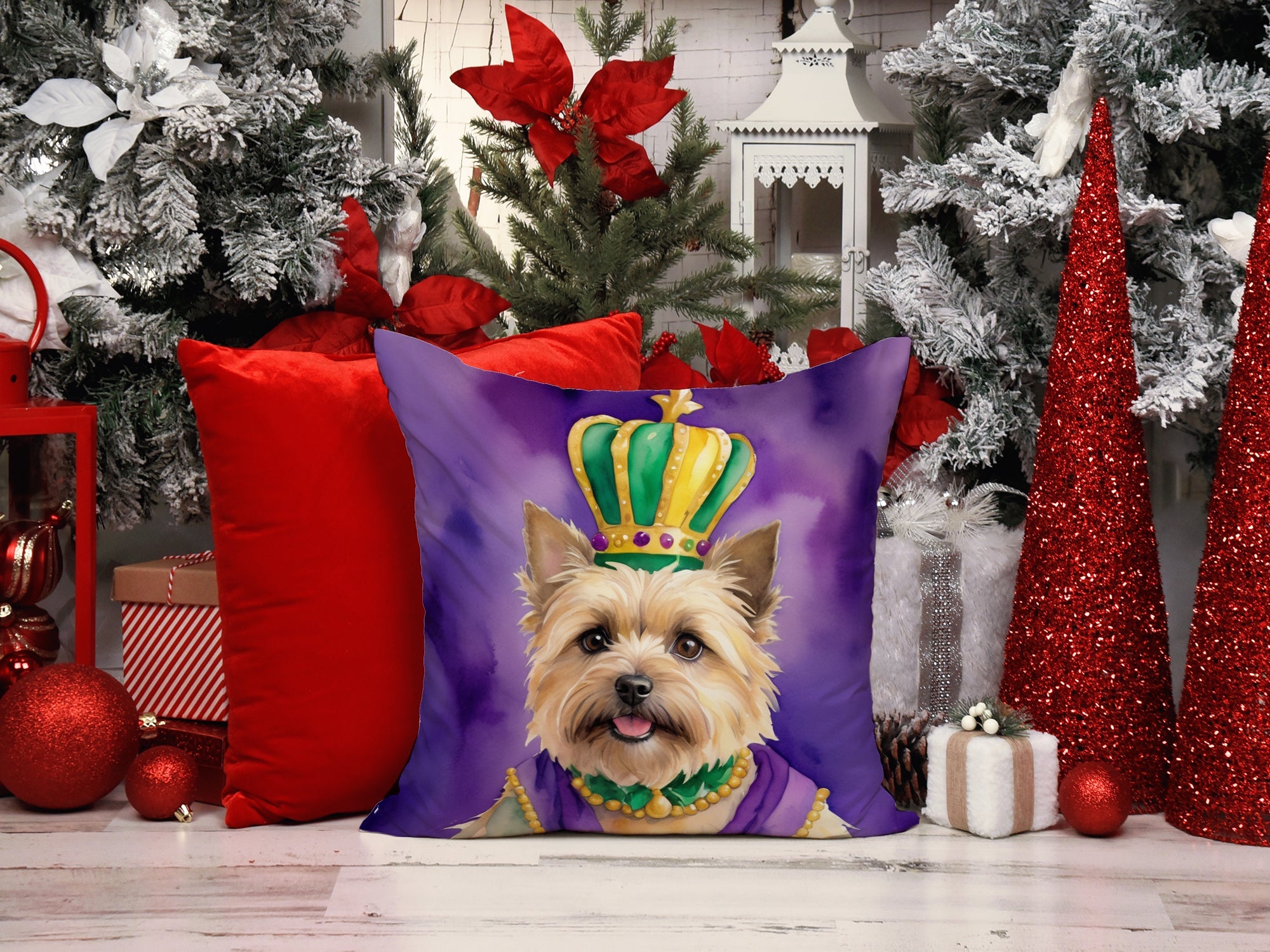 Cairn Terrier King of Mardi Gras Decorative Throw Pillow 18x18 Indoor Outdoor Accent Cushion, Fabric Cover with Insert for Sofa, Bed, Porch & Living Room