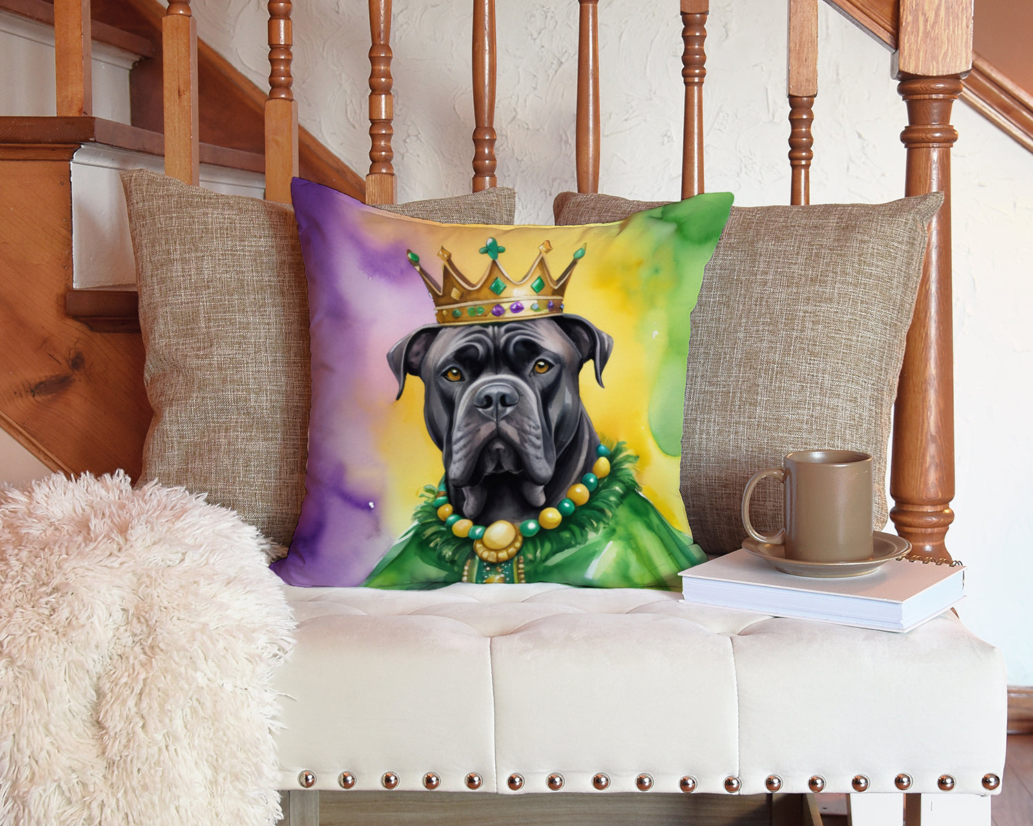 Cane Corso King of Mardi Gras Decorative Throw Pillow 14x14 Indoor Outdoor Accent Cushion, Fabric Cover with Insert for Sofa, Bed, Porch & Living Room