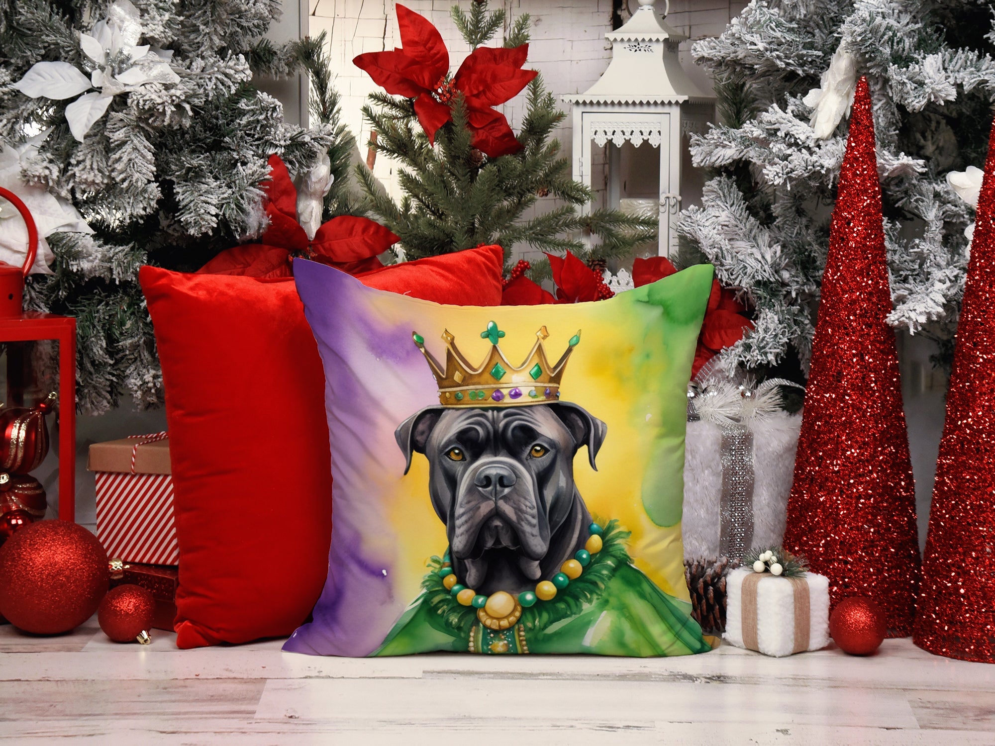 Cane Corso King of Mardi Gras Decorative Throw Pillow 18x18 Indoor Outdoor Accent Cushion, Fabric Cover with Insert for Sofa, Bed, Porch & Living Room