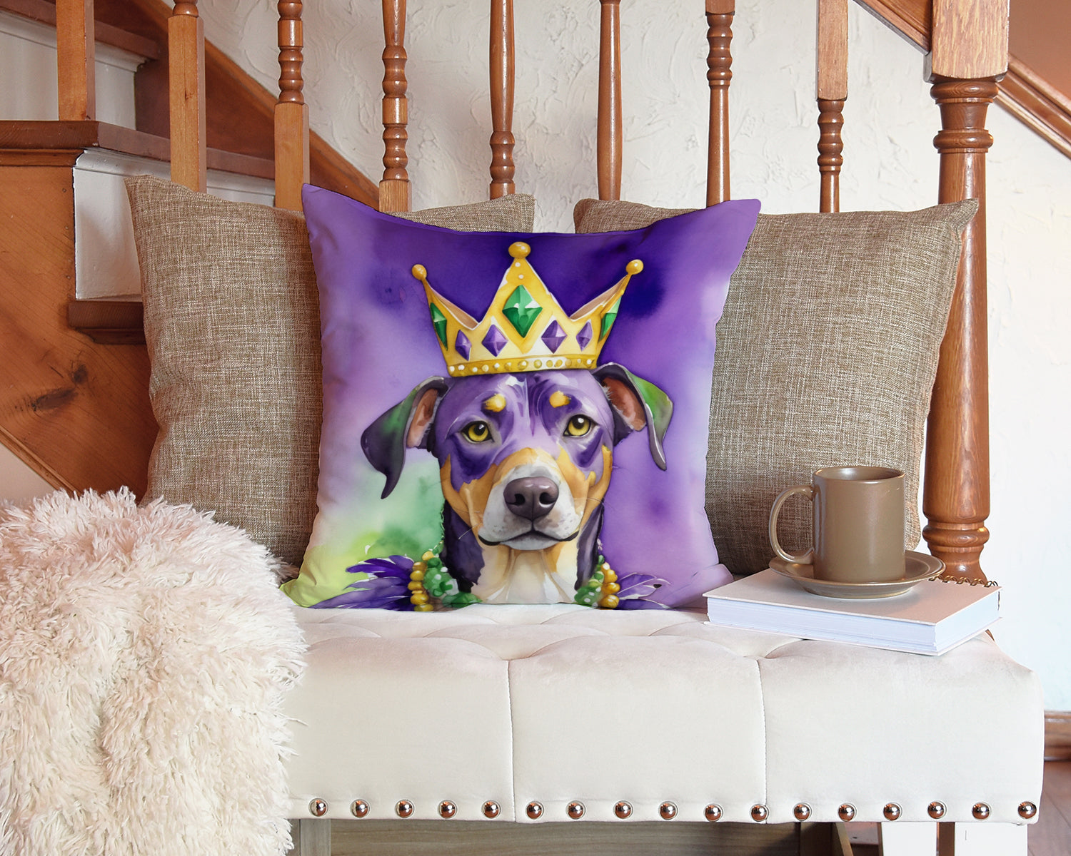 Catahoula King of Mardi Gras Decorative Throw Pillow 14x14 Indoor Outdoor Accent Cushion, Fabric Cover with Insert for Sofa, Bed, Porch & Living Room