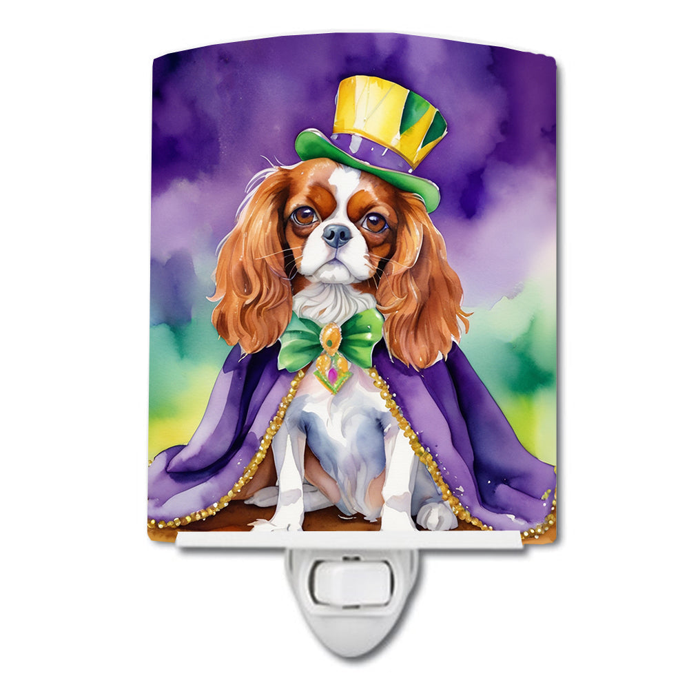Cavalier Spaniel King of Mardi Gras Ceramic Night Light Compact, UL-Certified, Ideal for Bedroom, Bathroom, Nursery, Hallway, Kitchen, 6x4x3, Multicolor
