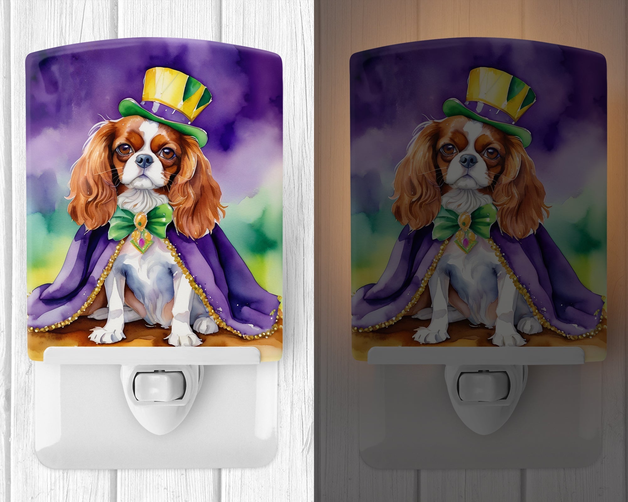 Cavalier Spaniel King of Mardi Gras Ceramic Night Light Compact, UL-Certified, Ideal for Bedroom, Bathroom, Nursery, Hallway, Kitchen, 6x4x3, Multicolor