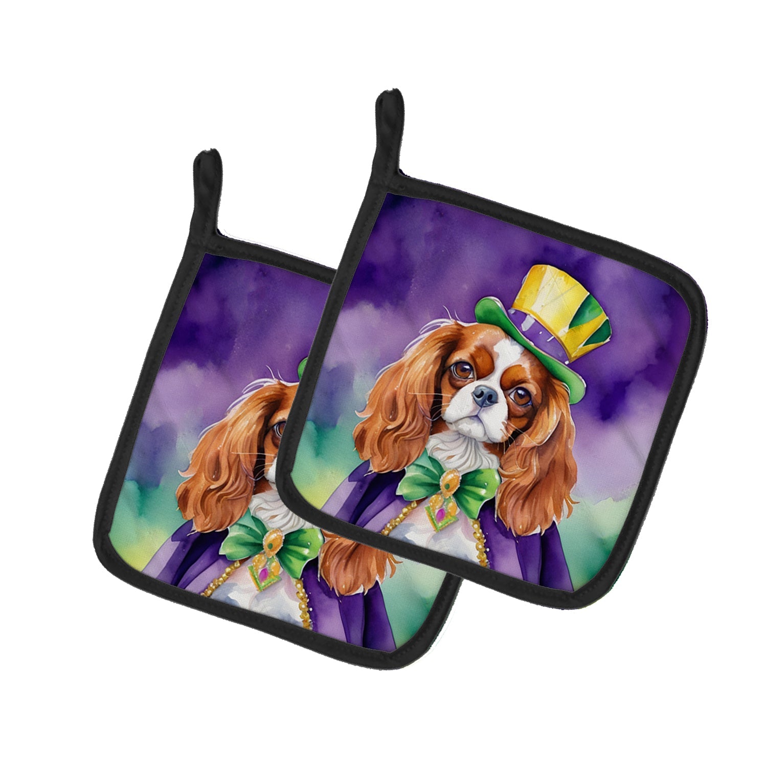 Cavalier Spaniel King of Mardi Gras Pot Holder Set of 2 Heat Resistant Quilted Hot Pads 7.5 x 7.5 Inch, Insulated Kitchen Trivets for Cooking & Baking