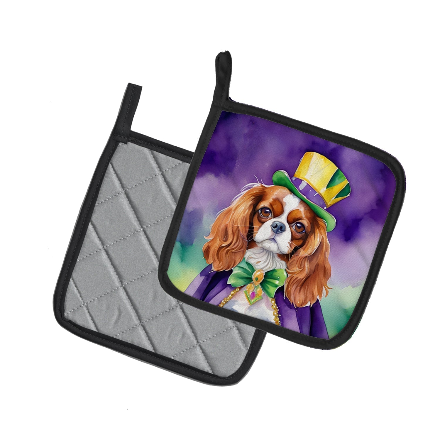 Cavalier Spaniel King of Mardi Gras Pot Holder Set of 2 Heat Resistant Quilted Hot Pads 7.5 x 7.5 Inch, Insulated Kitchen Trivets for Cooking & Baking