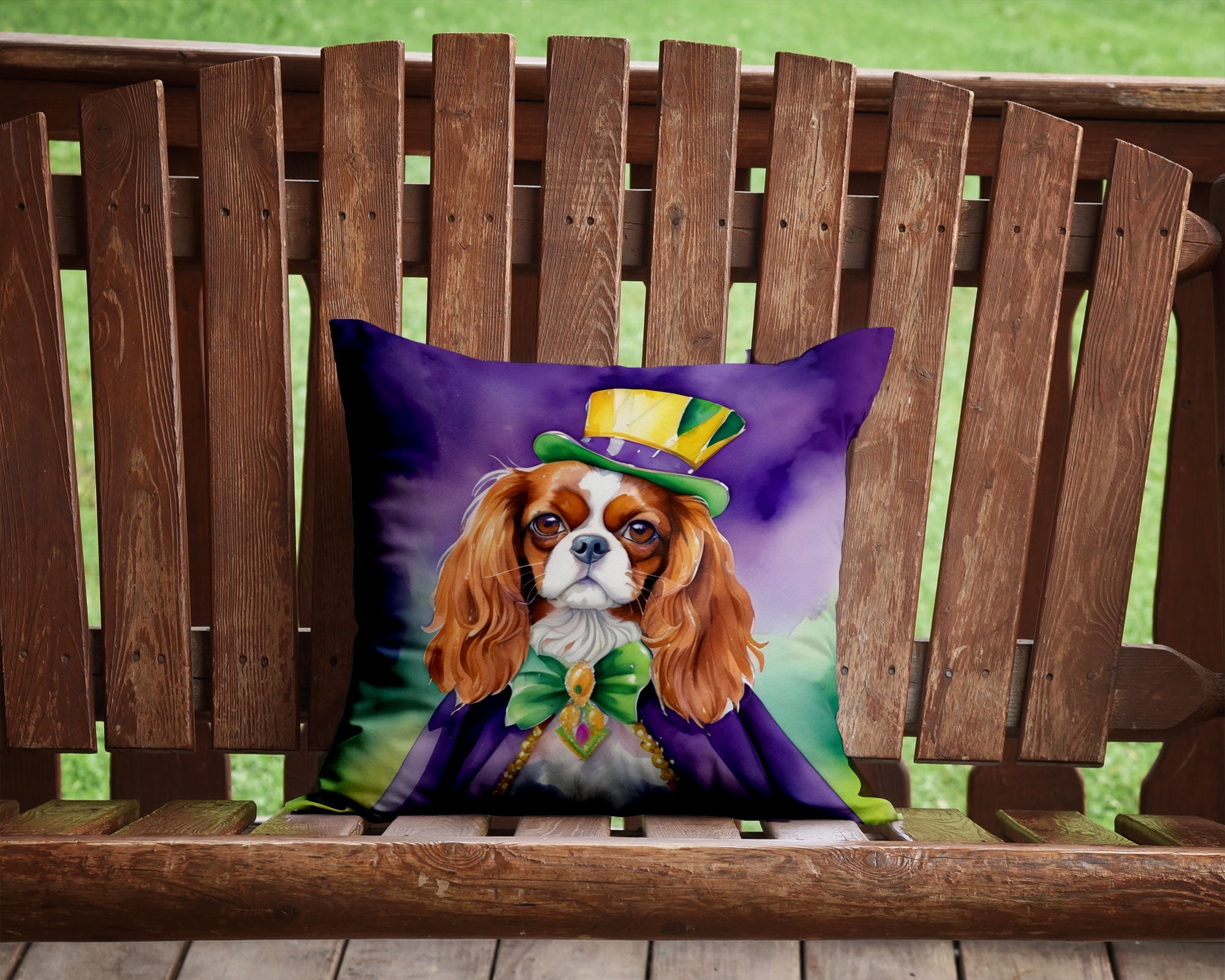 Cavalier Spaniel King of Mardi Gras Decorative Throw Pillow 14x14 Indoor Outdoor Accent Cushion, Fabric Cover with Insert for Sofa, Bed, Porch & Living Room