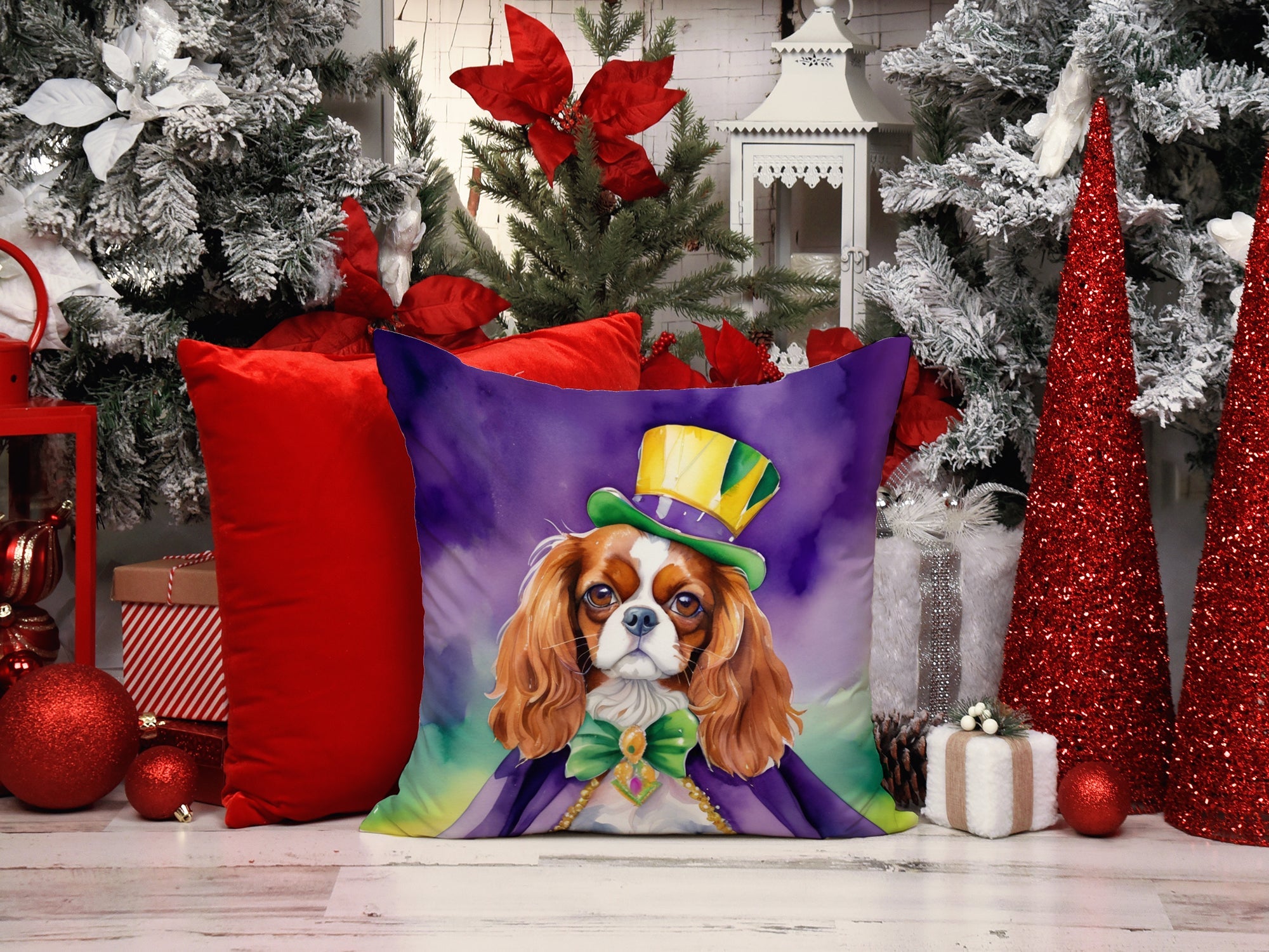 Cavalier Spaniel King of Mardi Gras Decorative Throw Pillow 14x14 Indoor Outdoor Accent Cushion, Fabric Cover with Insert for Sofa, Bed, Porch & Living Room