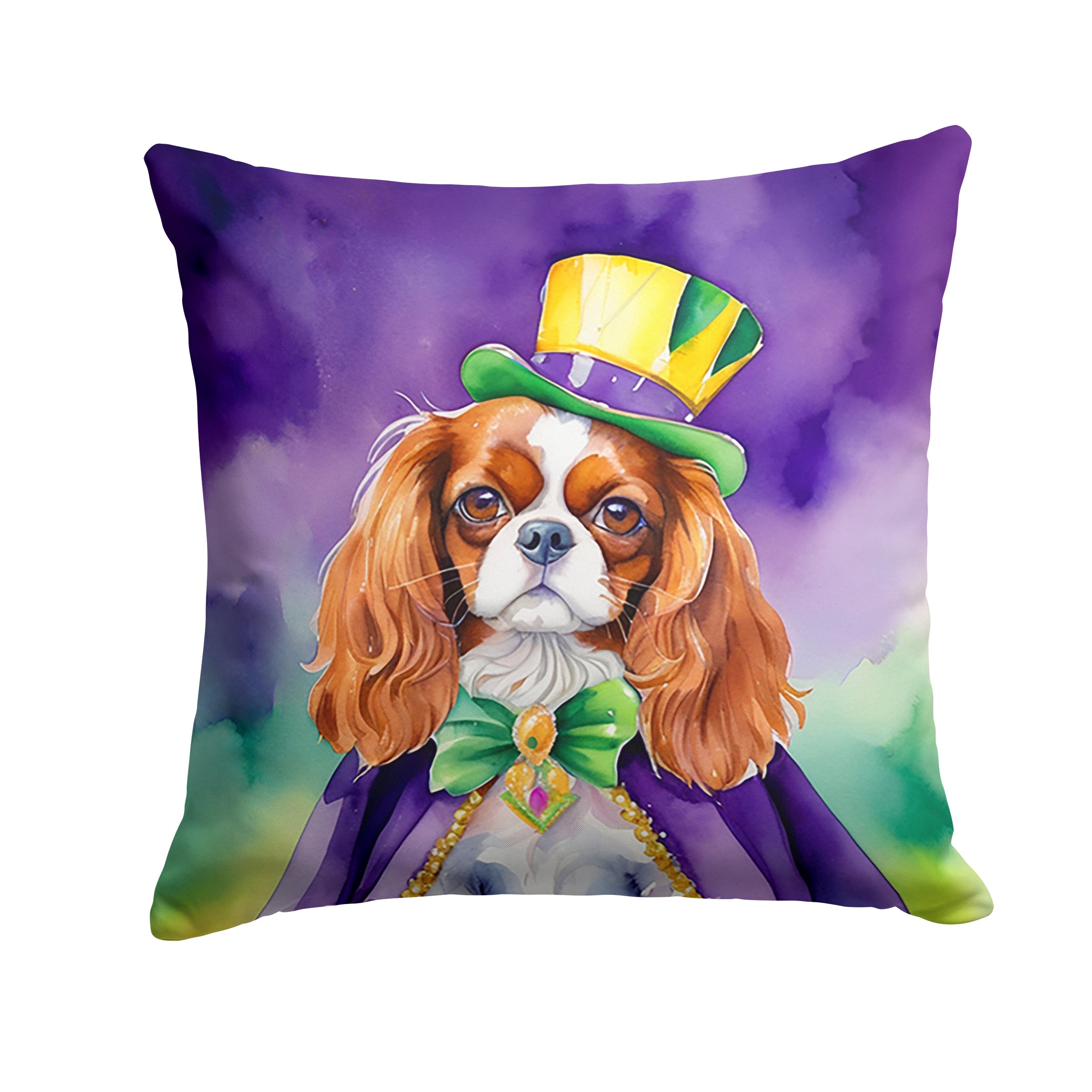 Cavalier Spaniel King of Mardi Gras Decorative Throw Pillow 18x18 Indoor Outdoor Accent Cushion, Fabric Cover with Insert for Sofa, Bed, Porch & Living Room